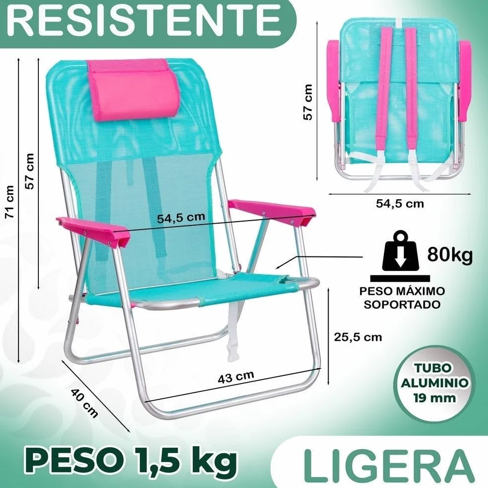 LOLAhome Silla Playa Camping Mochila Junior, Plegable de Aluminio y textileno Aguamarina, Silla Fija de 55x40x71 cm, con cojín Cervical Rosa, Correas Acolchadas y Ajustables