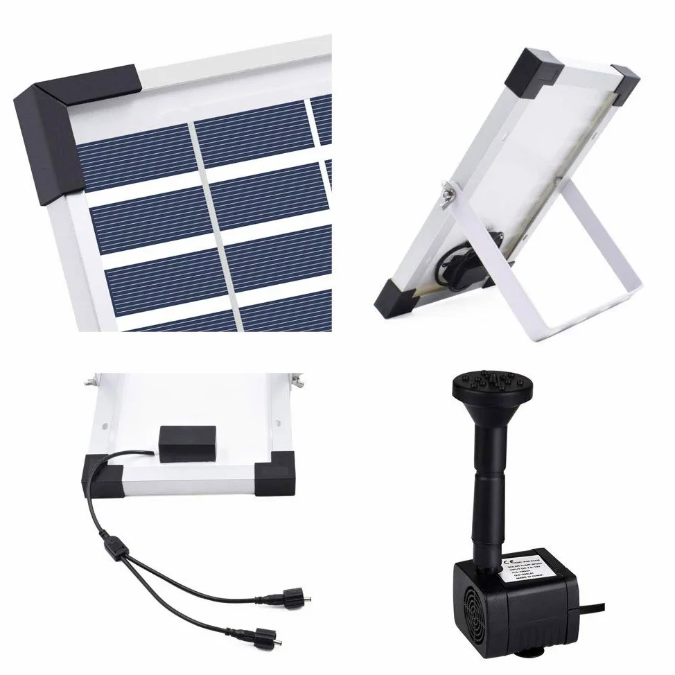 Bomba Agua Panel Energía Solar 5W Solar Bombas para Fuentes, Bomba de Agua Solar Monocristalino Bomba Agua con 8 boquillas Para estanques pequeños, piscinas, acuarios, baños de aves, jardines, 380L/H