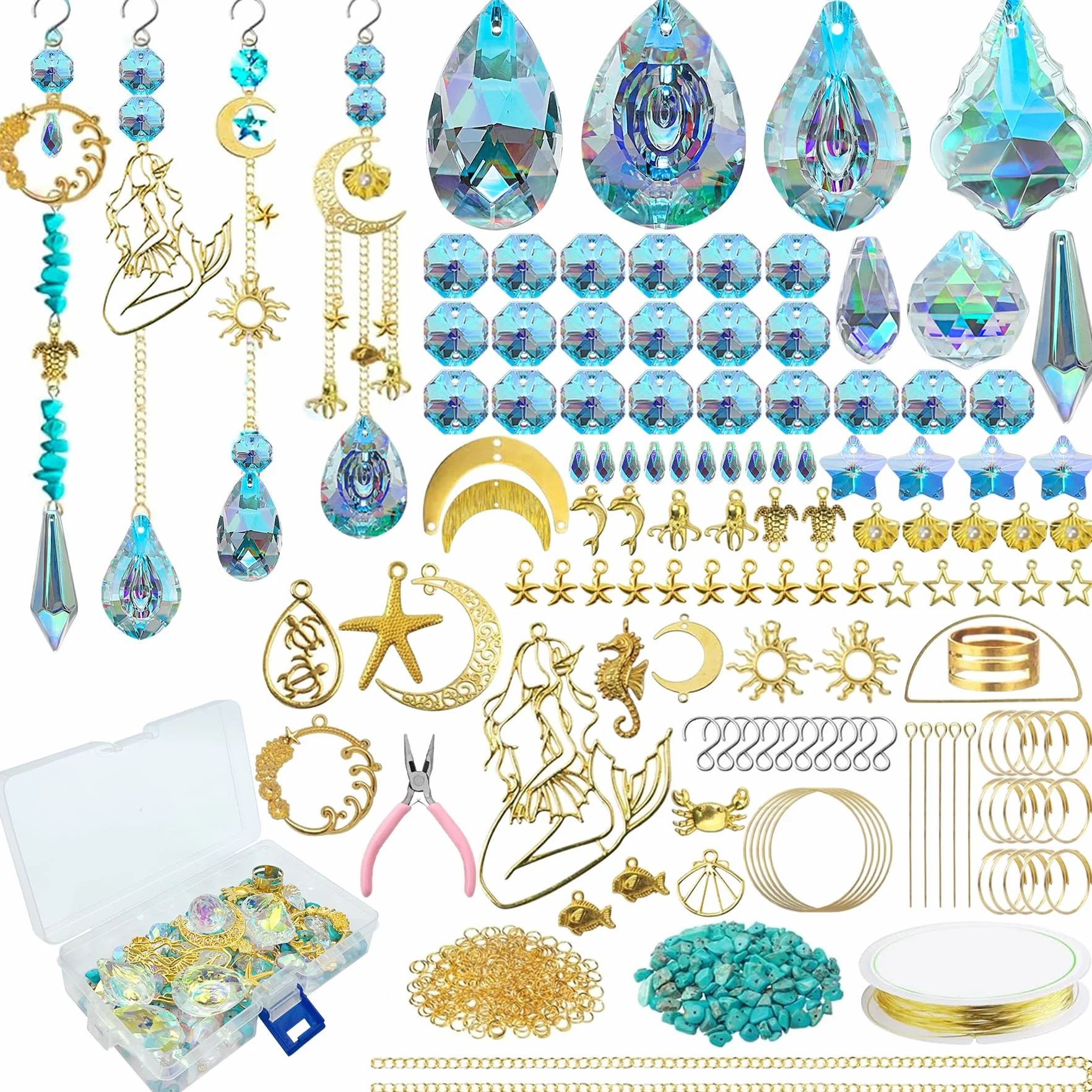 VEEKAY Atrapasoles Cristal Colgante,425 Piezas DIY Kits para Hacer atrapasoles,DIY Bola de Cristal Prisma con Cuentas/Cadenas/Anillos,Colgante de Cristal Arcoíris para Ventana Jardin Fiesta Decor