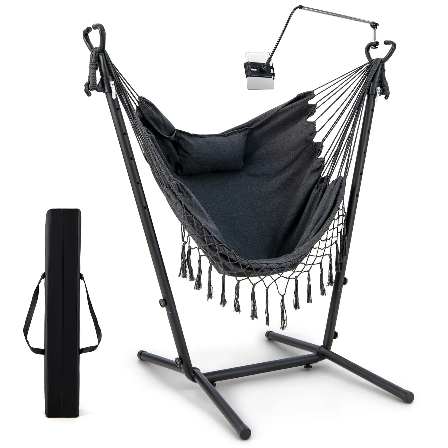 GOPLUS Silla Colgante con Estructura de Metal y Asiento de Algodón, Altura Ajustable y Soporte para Celular, Hamaca con Estructura, para Jardín, Patio y Dormitorio,Carga 250kg (Negro)