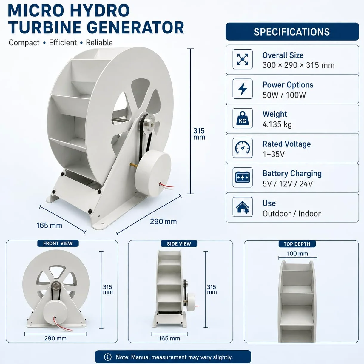 Generador de turbina de agua portátil de 100 W – Kit hidroeléctrico de flujo para corrientes/ríos fuera de la red – Microgenerador hidráulico de acero duradero con funcionamiento silencioso