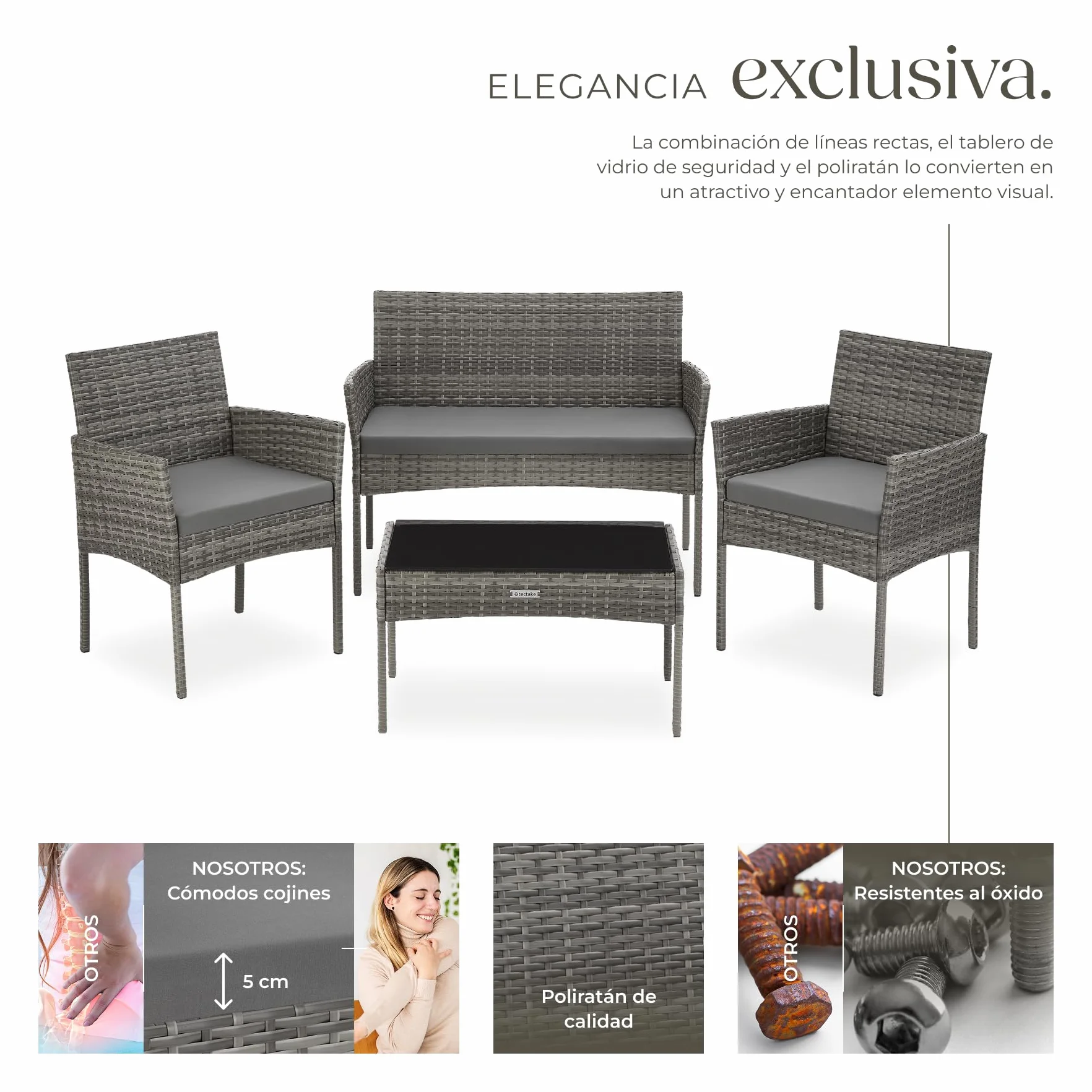 tectake® Conjunto Jardin Exterior de Ratán, Muebles Jardin Exterior para 4 Personas, Muebles Terraza con Mesa de Vidrio, Sofa Exterior y Sillas con Cojines Lavables, Sillon Cómodo - Gris