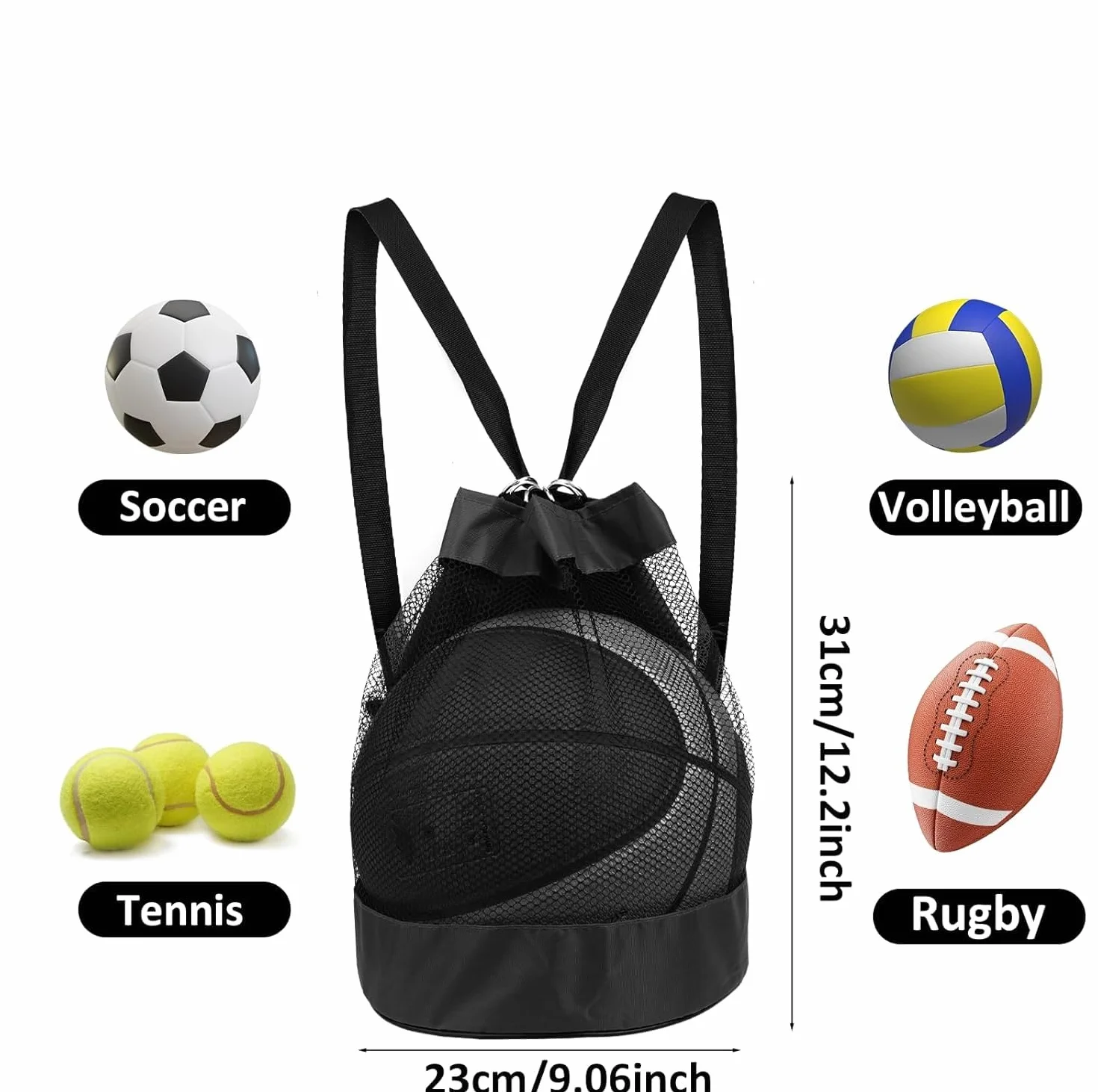 Bolsa de Malla para Pelotas Mochila Baloncesto Deportiva Ajustable Negro