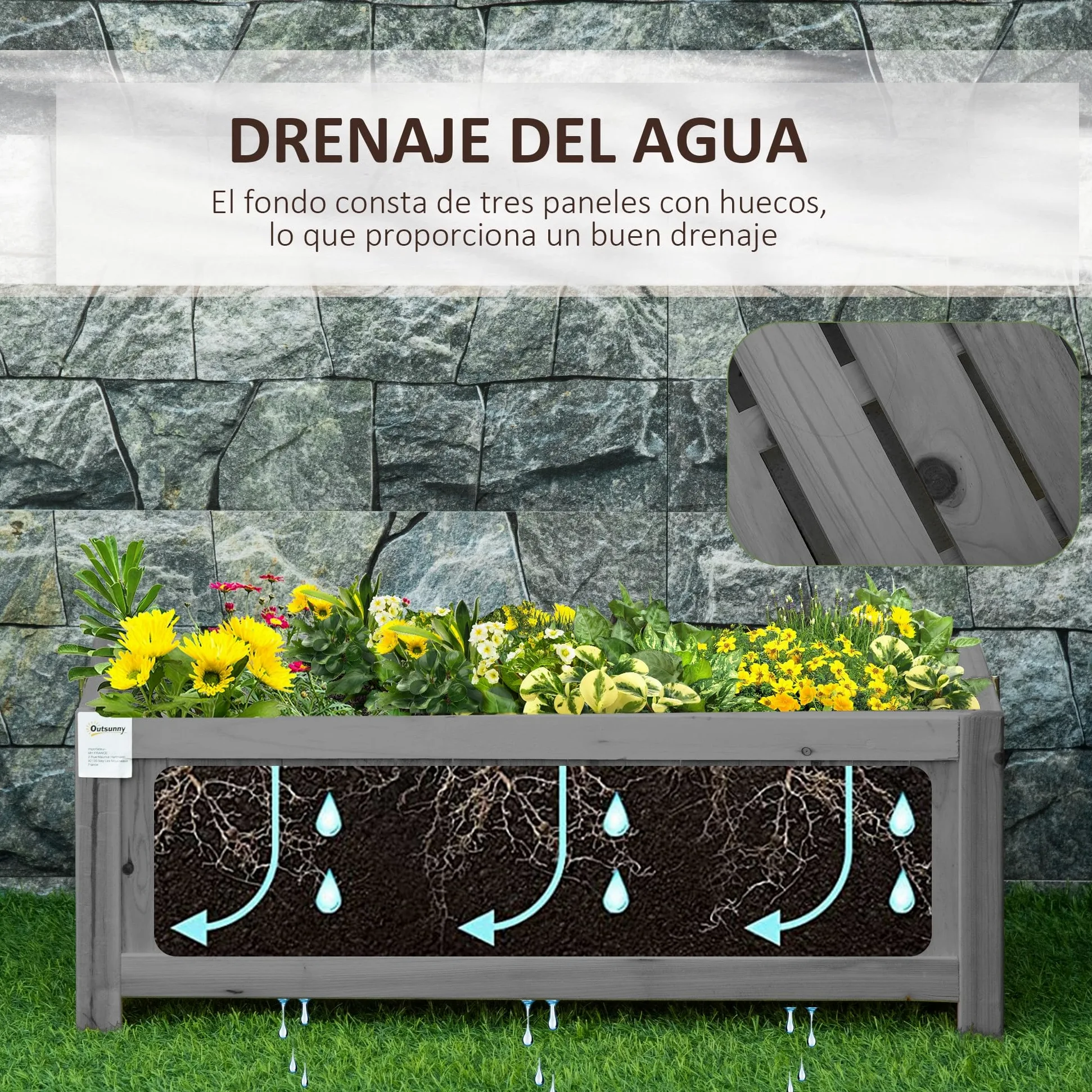 Outsunny Jardinera de Madera Plegable Jardinera Elevada para Cultivos Verduras Flores en Exterior Patio Balcón Terraza 70x30x25 cm Gris