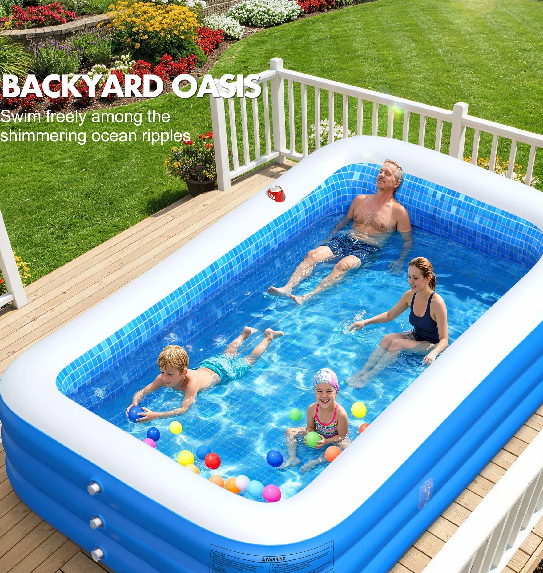 LanOcean Piscina Hinchable Adultos con Sombrilla, 280*160*50cm Piscinas Hinchables Grandes, 0,53mm Rectangular Piscina Hinchable infantil con Asiento y Portavasos, Piscinas Hinchables Familiar Jardin
