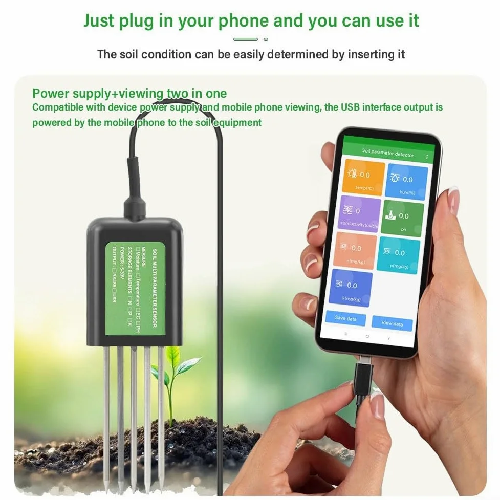Sensor de suelo USB 8 en 1, para probador inteligente de suelo PH/EC medidor de temperatura y humedad