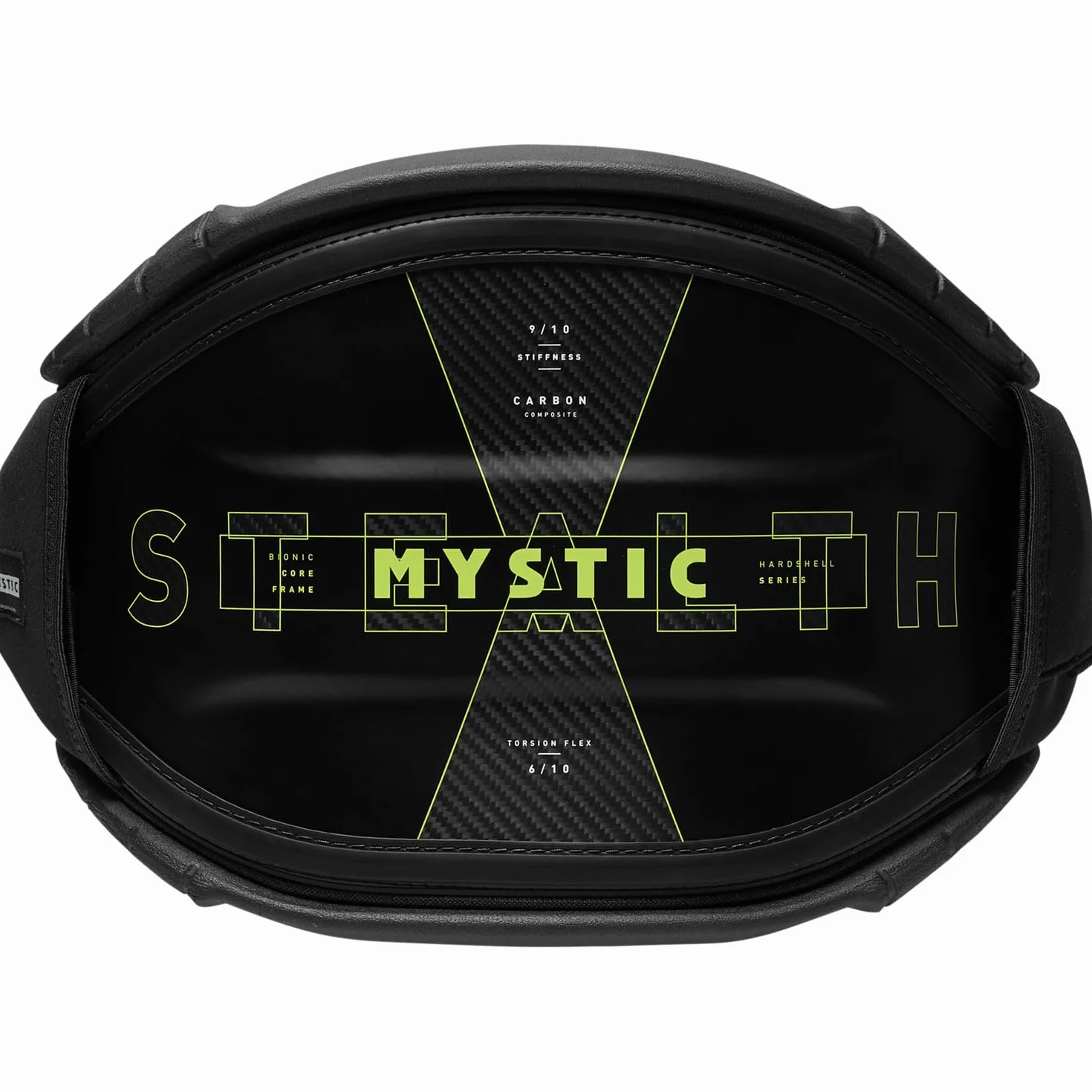 Arnés rígido Mystic Stealth para cometa/viento, sin barra, negro/lima 2025
