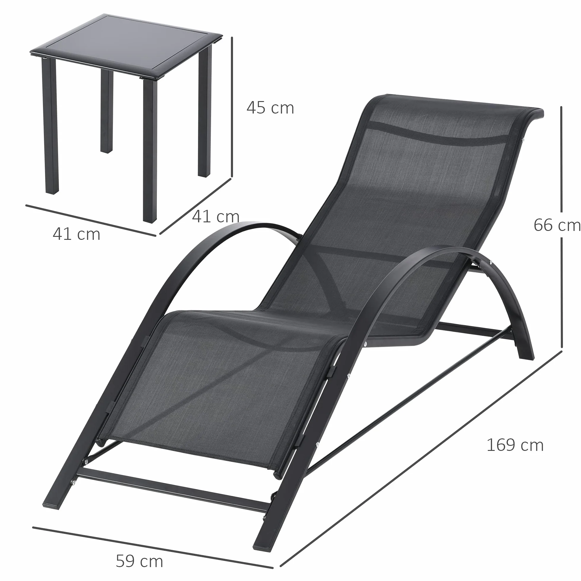 Outsunny Set de 2 Tumbonas Jardín Exterior con Mesa Auxiliar de Vidrio Templado Tumbonas con Respaldo Reposabrazos para Patio Piscina Terraza Exterior Negro
