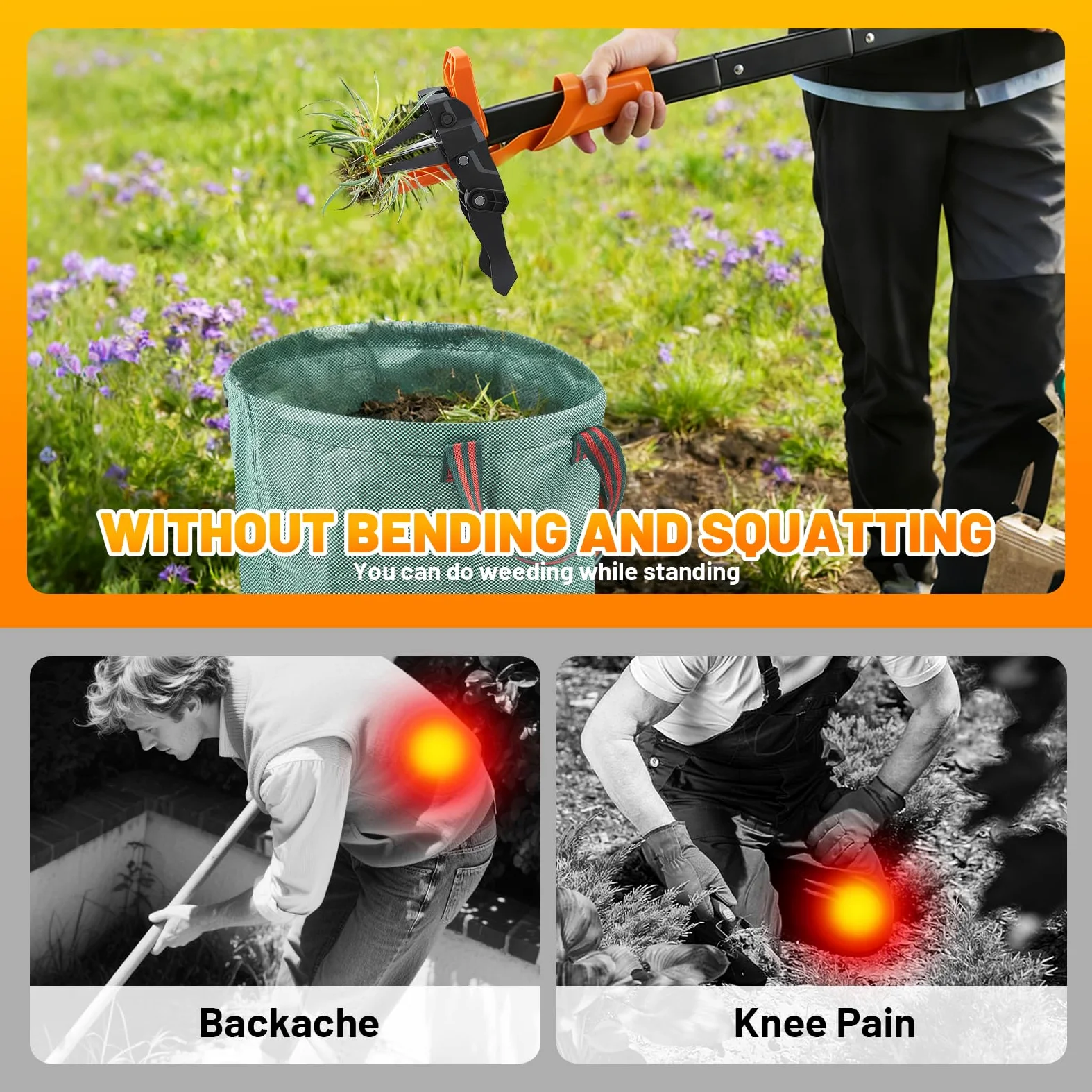 Desherbáceo manual y extractor de malezas con bolsa de jardín de 50 l, longitud 100 cm, 4 garras de raíz de acero en herramienta de deshierbe de mango largo para eliminar malezas