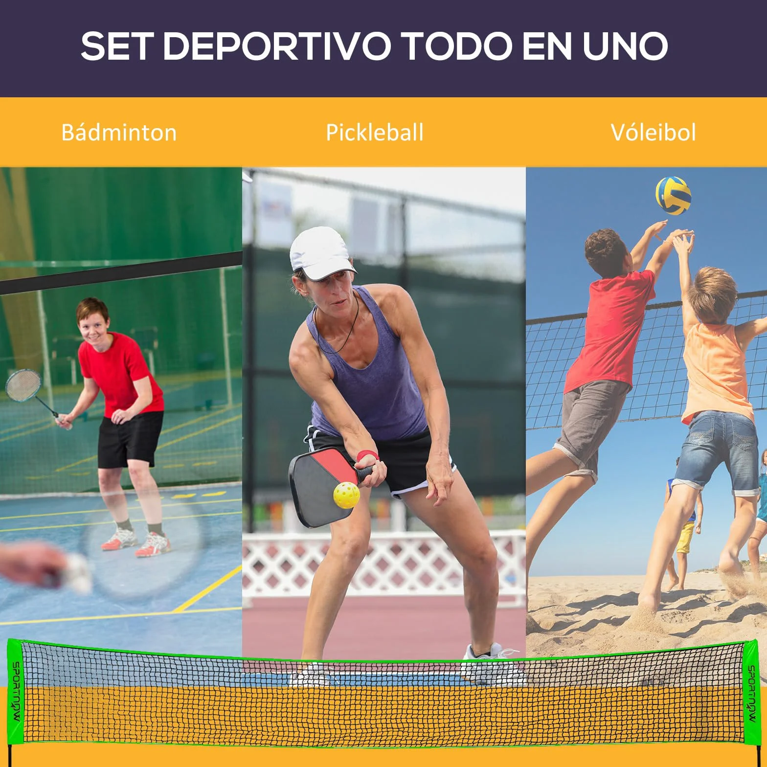 SPORTNOW Set de Bádminton 7 Piezas con 2 Raquetas, 3 Volantes, 2 Raquetas de Pickleball, 2 Pelotas y Red Negro y Verde