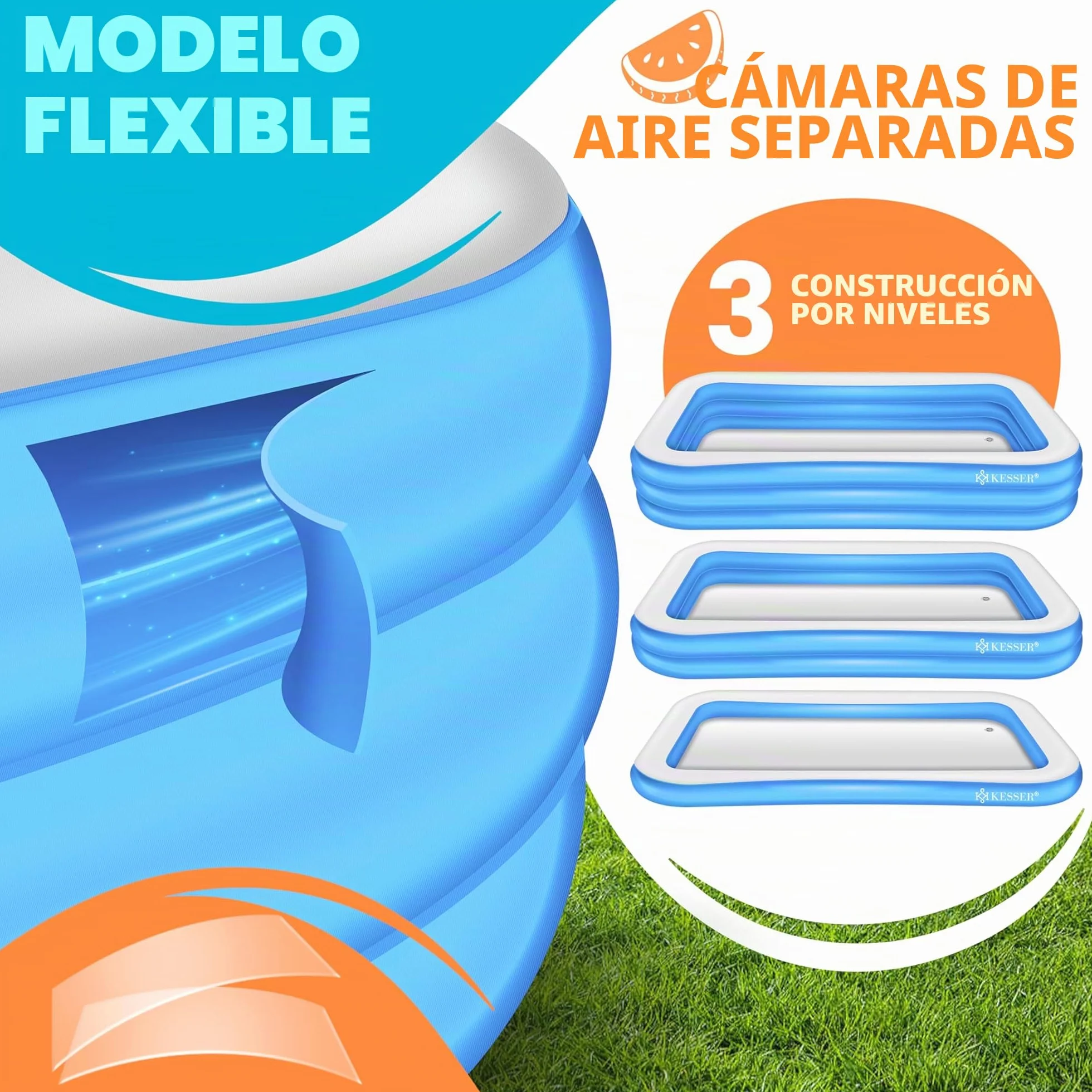KESSER® Piscina Familiar Inflable para Niños y Adultos, de Jardín y Verano, 240 x 142 x 56 cm, 613 Litros, con Agujeros de Drenaje