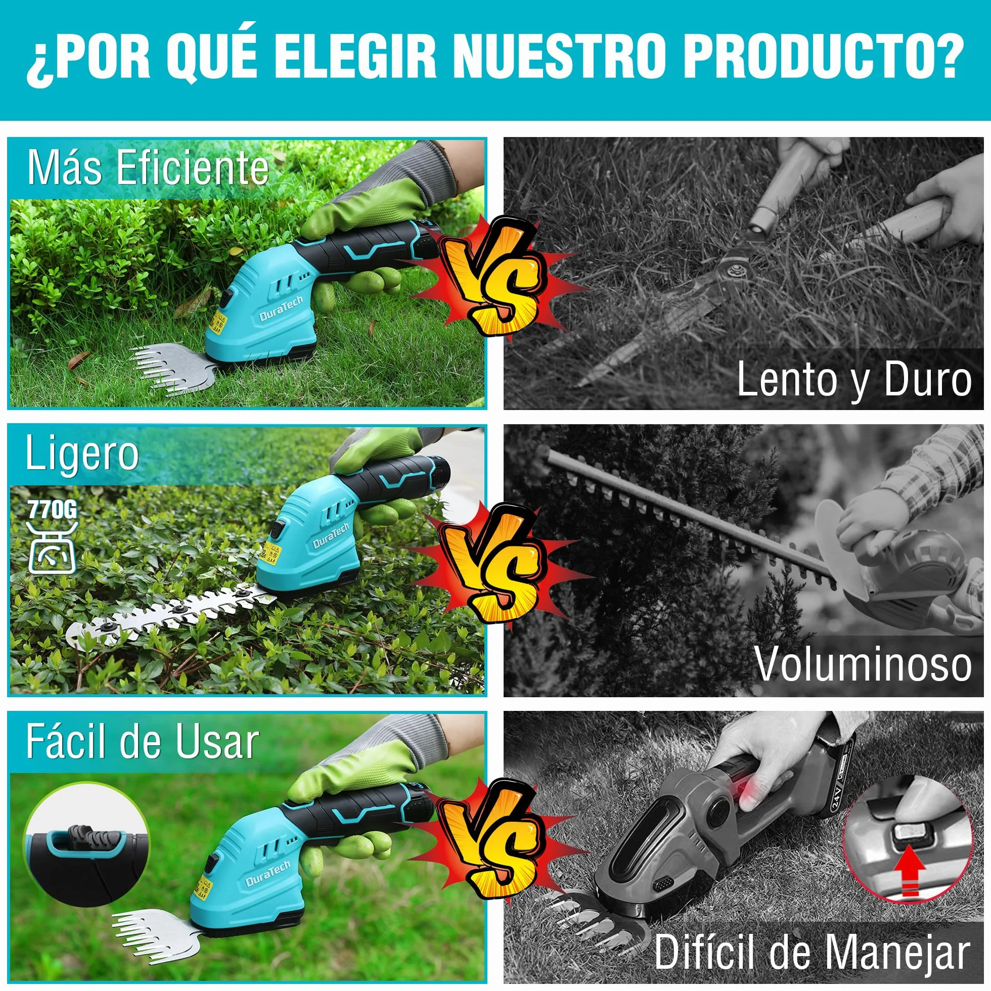 DURATECH 12V Tijera Cortacésped y Arreglasetos 2 en 1, Tijeras Eléctricos de Jardín con Alargador, Batería y Cargador, Cortasetos Eléctrico para Césped y Arbustos, para Jardinería