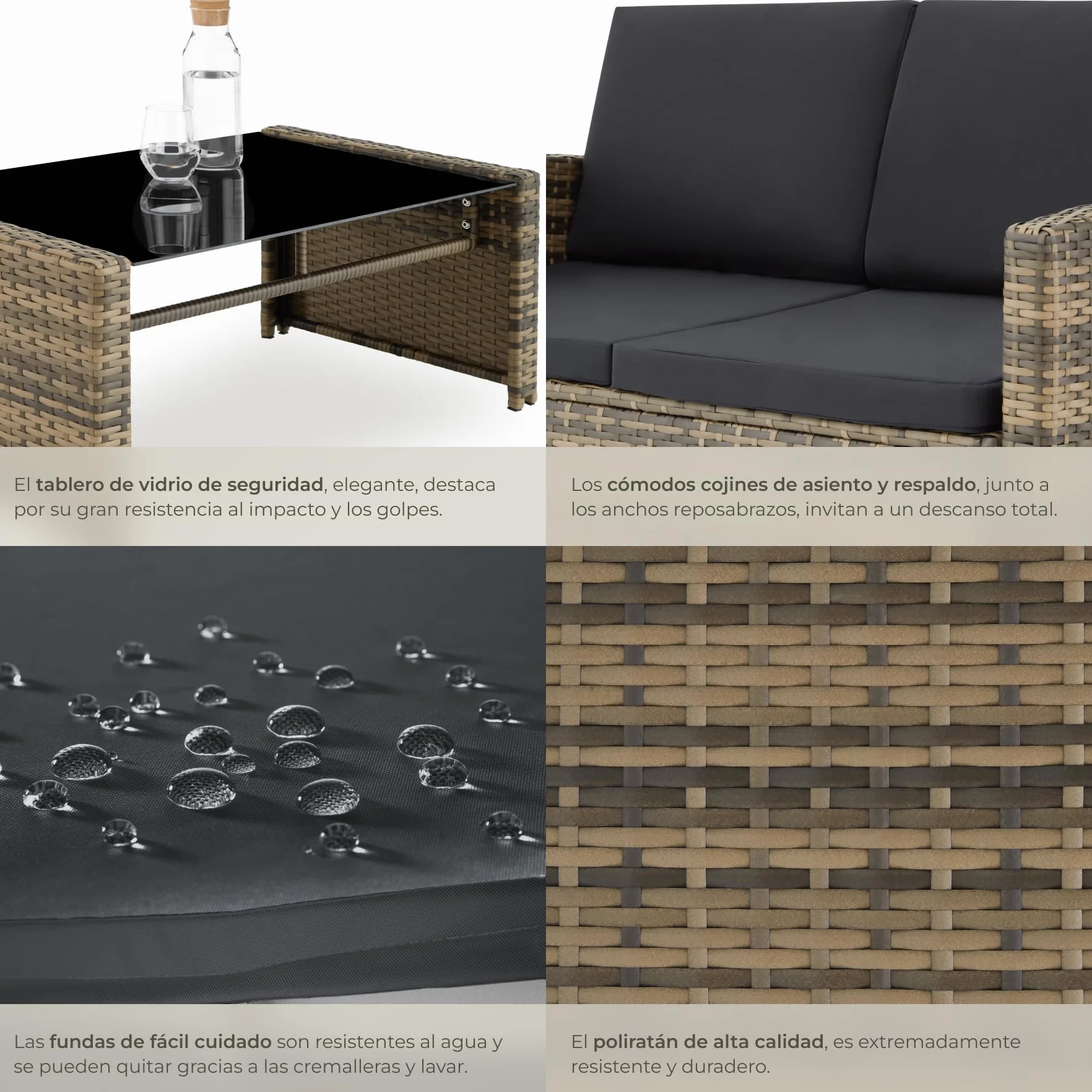 tectake® Conjunto Jardín de Ratán y Acero, Muebles Jardín Exterior, 2 Sillones 1 Sofá 1 Mesa con Cristal, Conjunto Terraza Resistente a Intemperie, con Cojines, Fundas Extraíbles - natural/gris oscuro