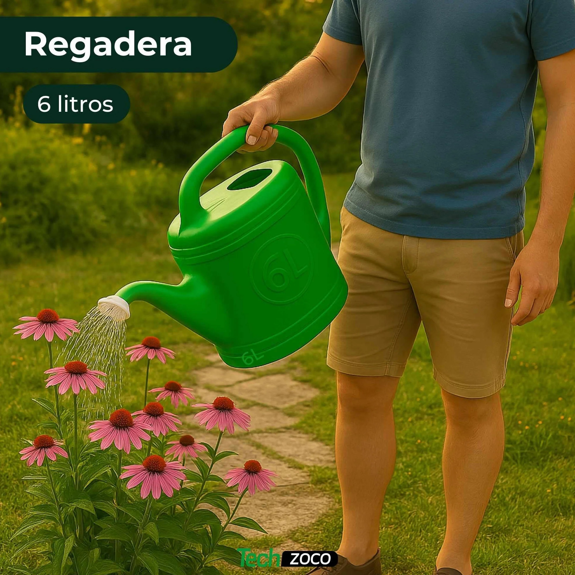 TECHZOCO Regadera de plástico, Regadera para Interior y Exterior, regadera de jardín, Diseño con Pico, Accesorio de riego, Asa de Transporte, Cabezal Efecto Lluvia, Verde, 6 litros