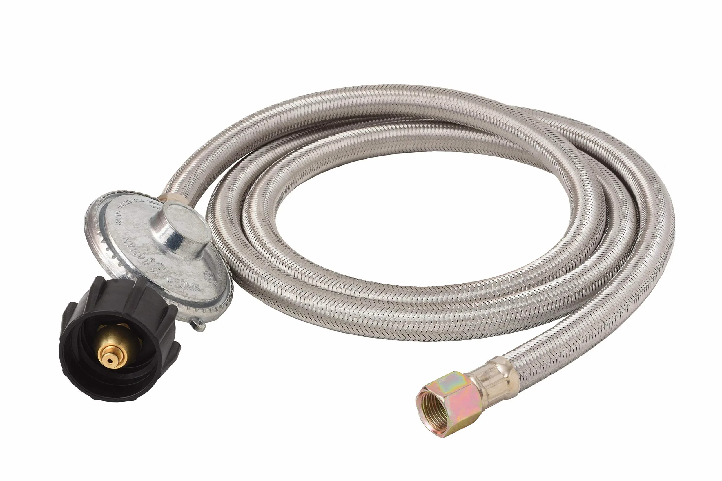 Flame King SS-QCC-3/8 - Regulador universal de propano QCC1 de baja presión de 5 pies con manguera trenzada de acero inoxidable para la mayoría de parrillas de gas LP, calentadores y mesas de hoguera,