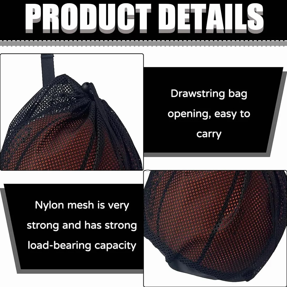 Bolsa de Malla para Pelotas Saco de Pelota con Cordón y Gancho para Baloncesto Fútbol Voleibol Negro