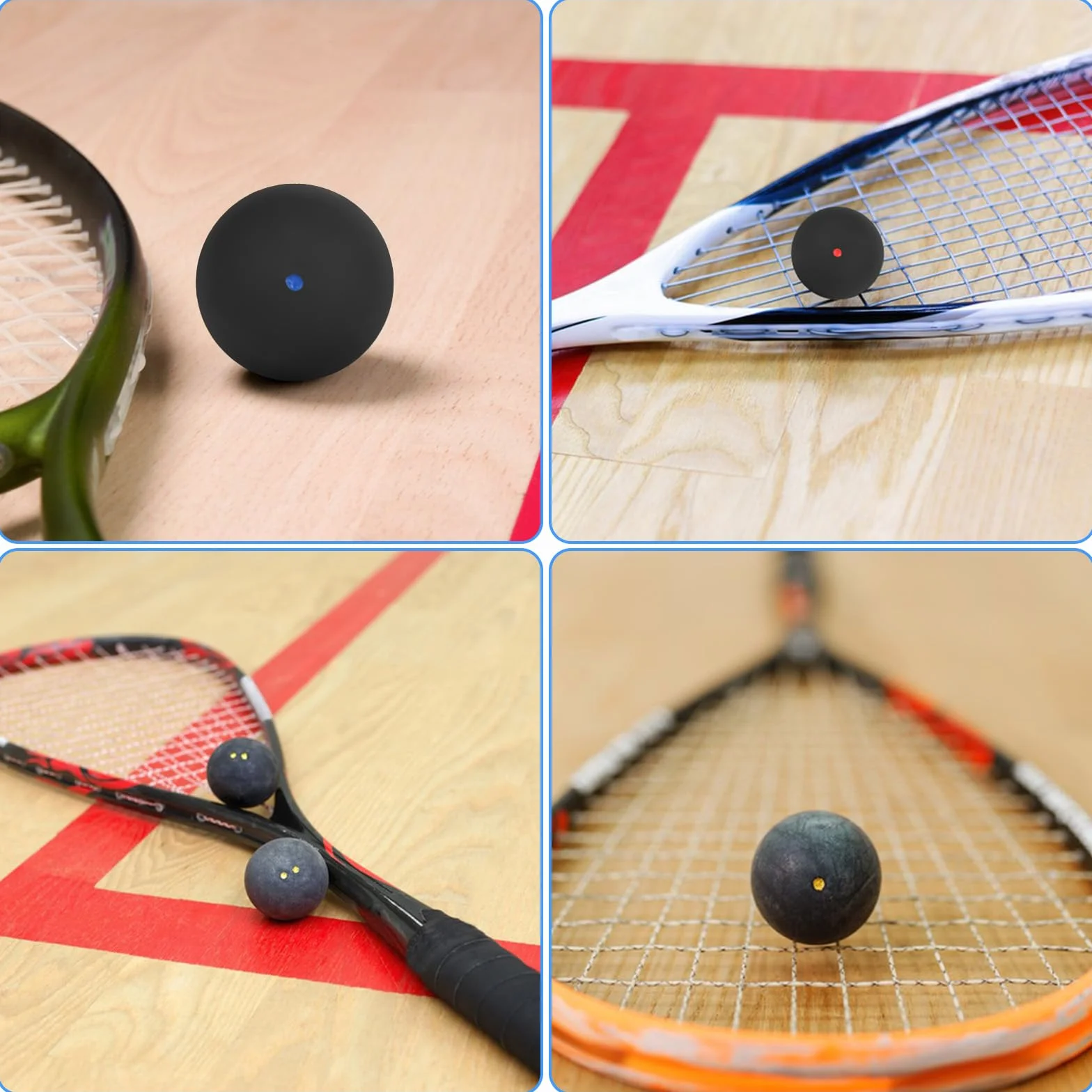 Pelotas de Squash Deportivas Juego de 4 - Doble Punto Amarillo, Simple Amarillo, Rojo, Azul