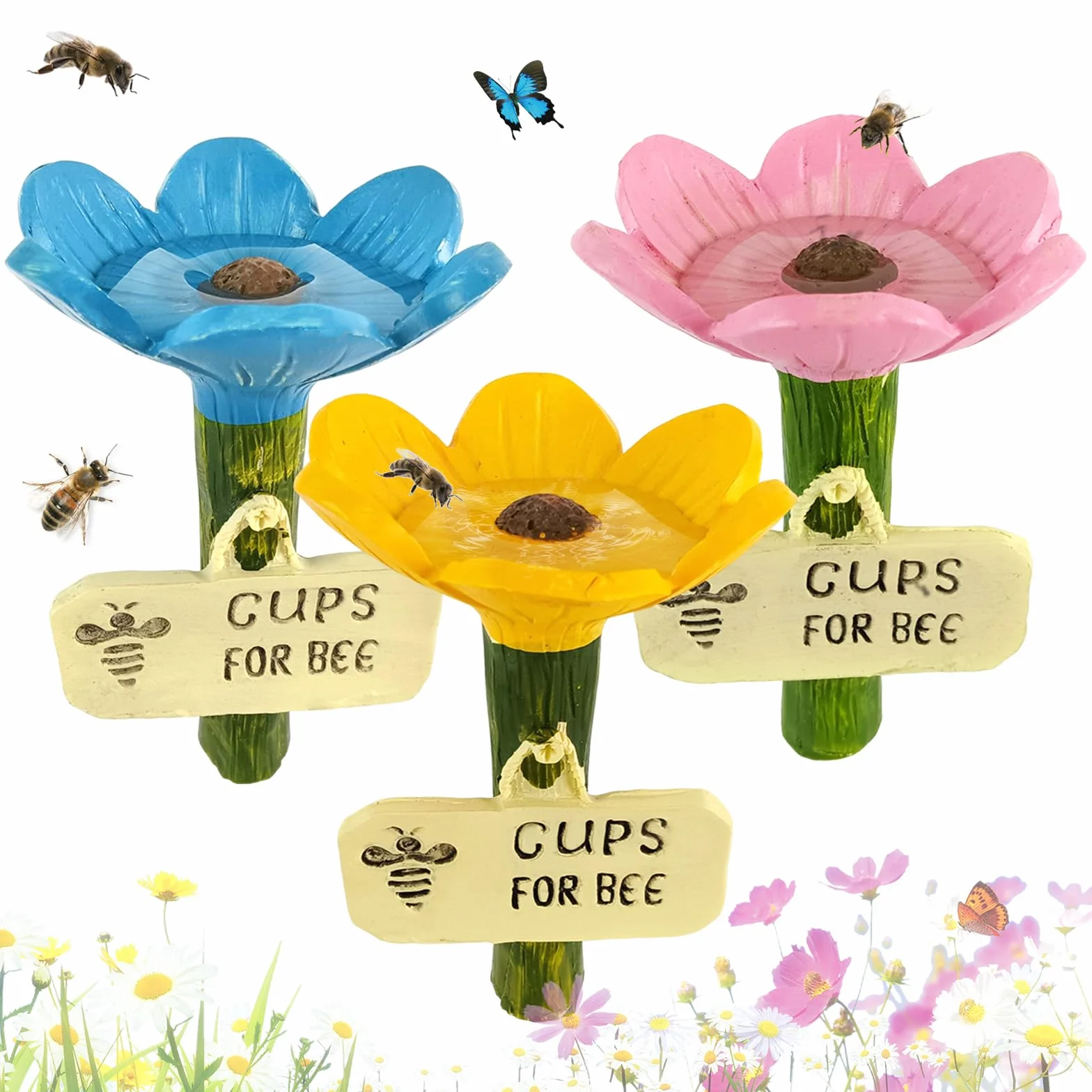 3 Piezas Estación de Riego de Abejas, Estación de Riego de Abejas para Jardín Tazas de Abejas para Polinizadores Sedientos para Mariposa Césped Entrada Patio de Granja