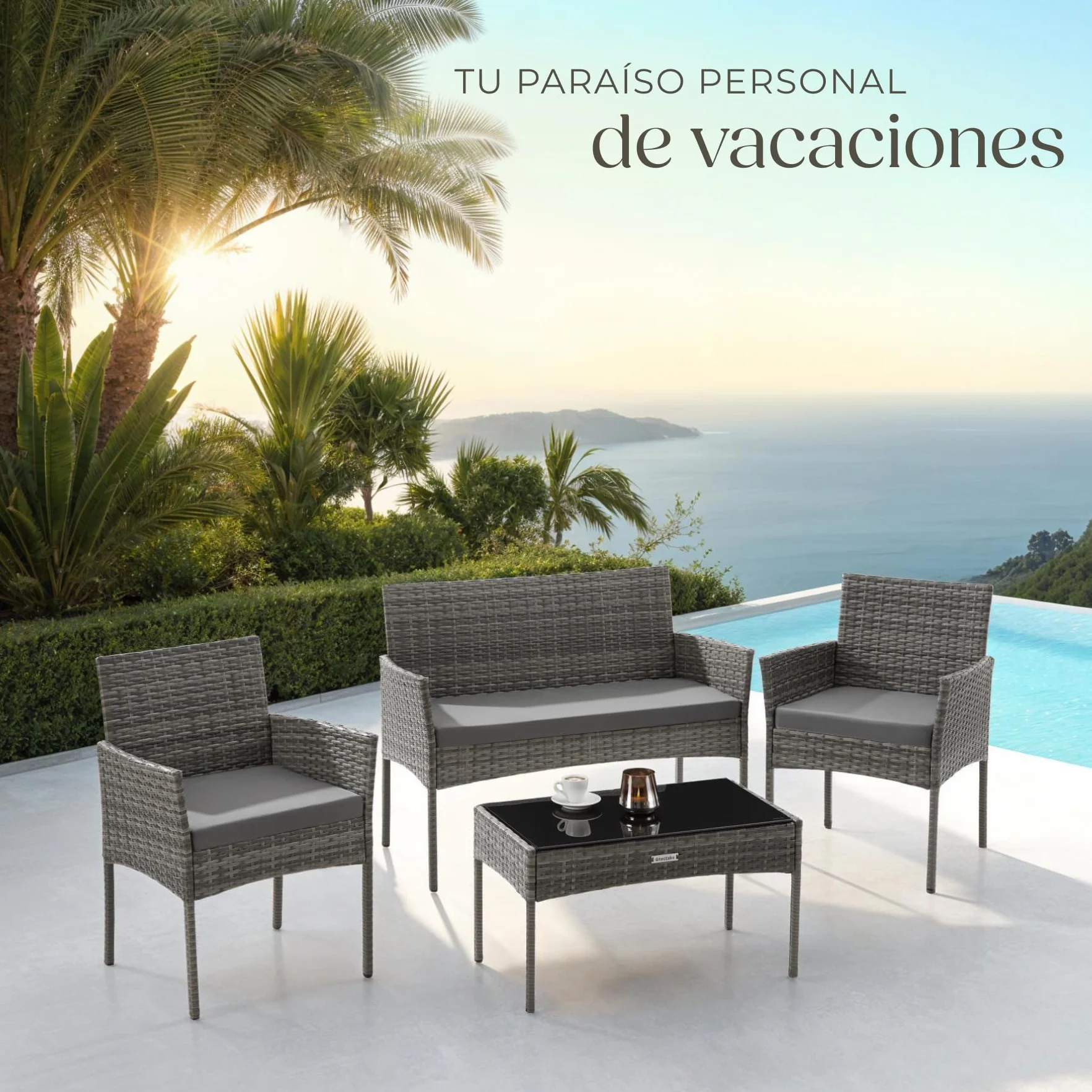 tectake® Conjunto Jardin Exterior de Ratán, Muebles Jardin Exterior para 4 Personas, Muebles Terraza con Mesa de Vidrio, Sofa Exterior y Sillas con Cojines Lavables, Sillon Cómodo - Gris