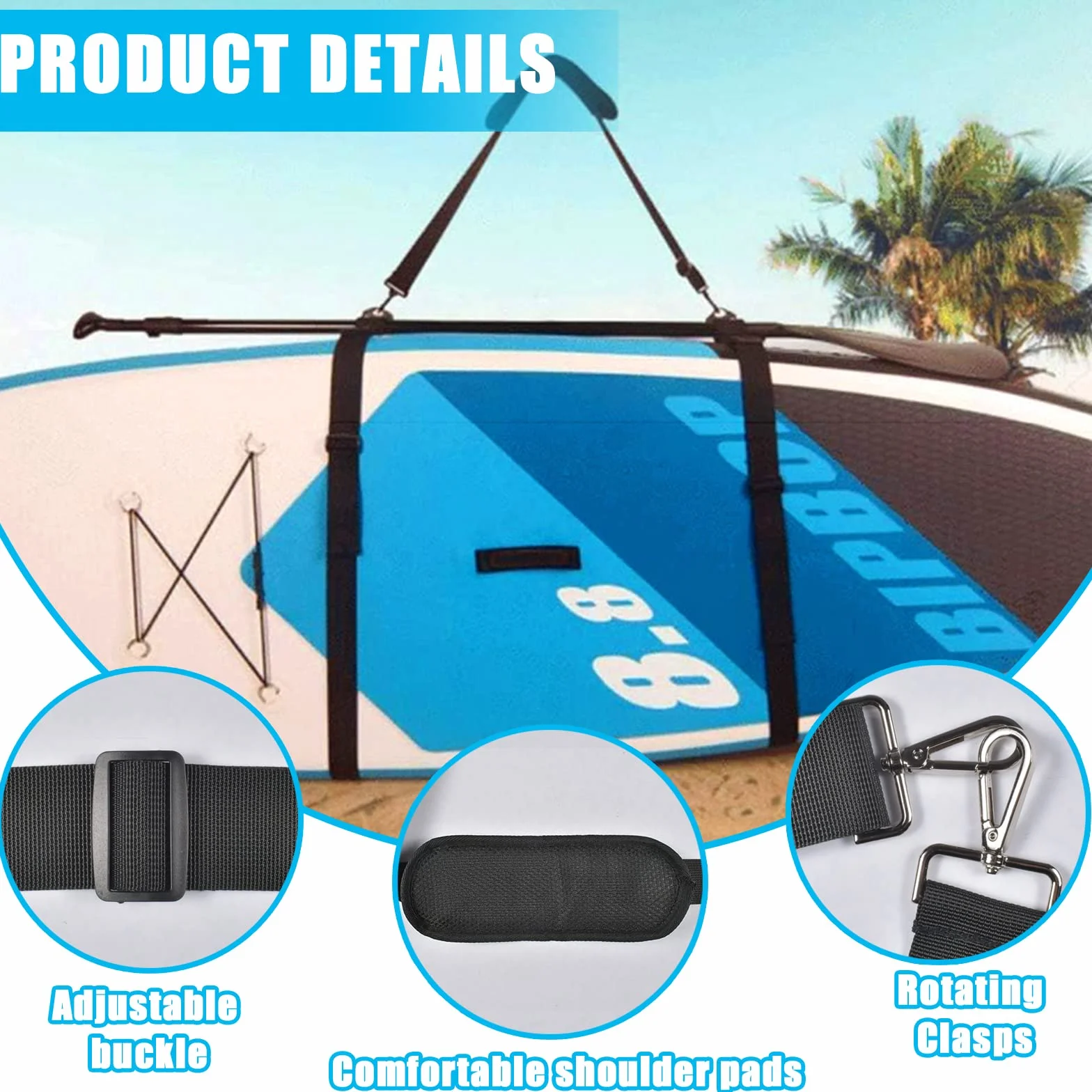 Correa de Tabla de Surf, Correa Transporte Paddle Surf, Longitud Ajustable, Multiusos