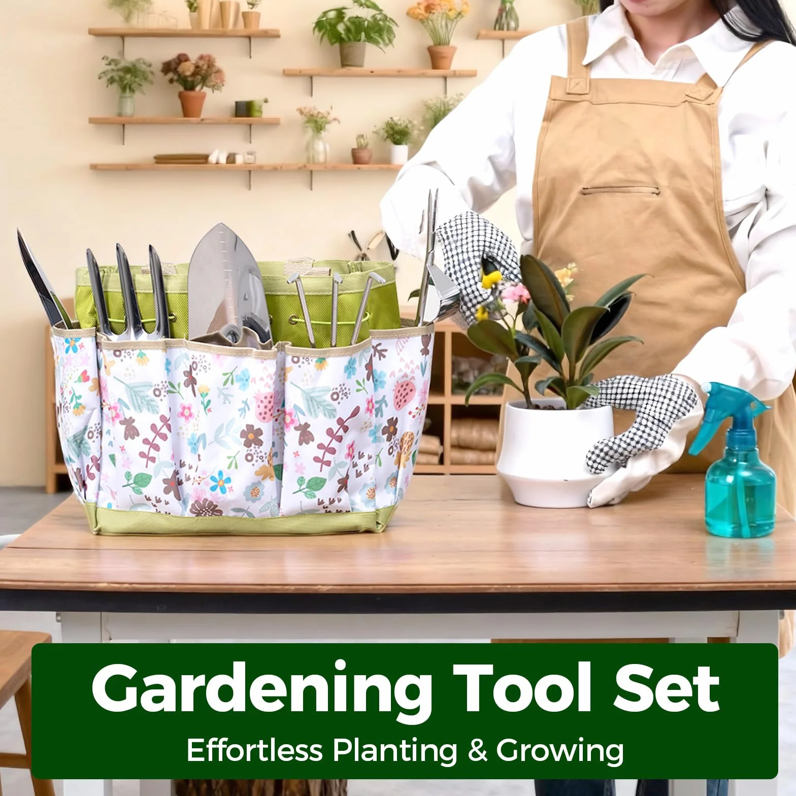 Bamworld Juego de Herramientas de Jardinería 9 Piezas, Kit Jardinería y Set Jardín de Acero Inoxidable con Bolsa, Guantes, Pulverizador, Pala, Tijeras de Podar, Rastrillo para Macetas y Huerto