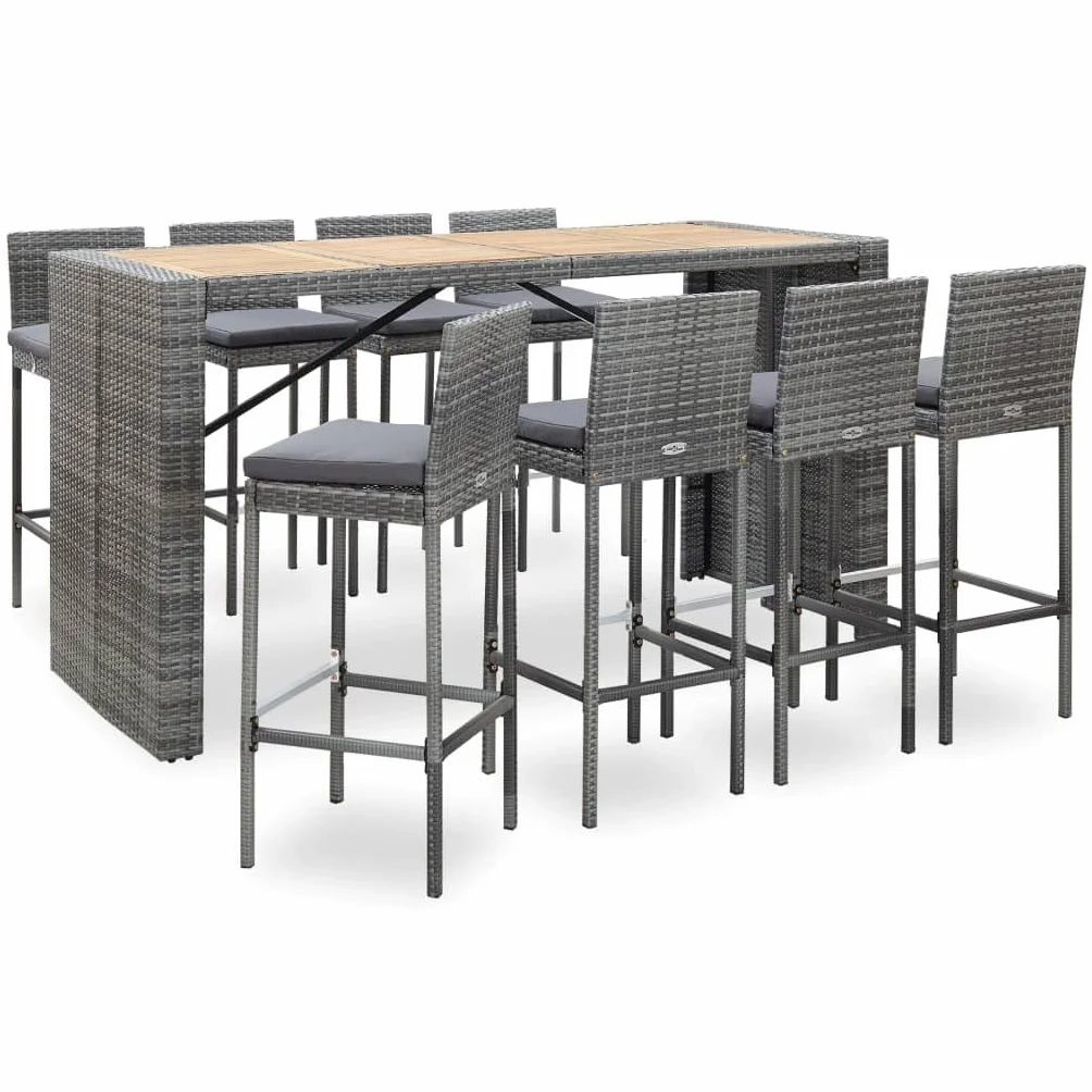 vidaXL Muebles de Bar Jardín 9 Piezas Patio Conjunto Casa Exterior Comedor Aire Libre Asientos Balcón Ratán Sintético Gris Madera Acacia