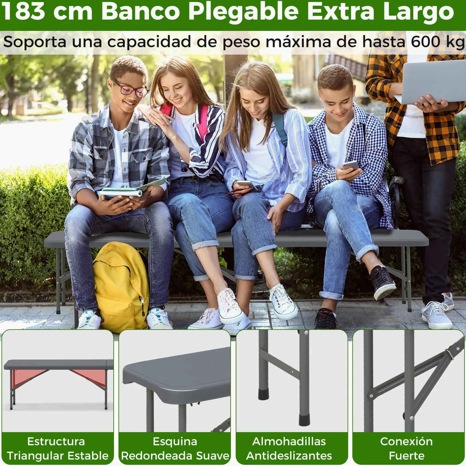 GOPLUS Banco Plegable Portátil 4 Personas 180x30x43 cm Gris Impermeable Exterior