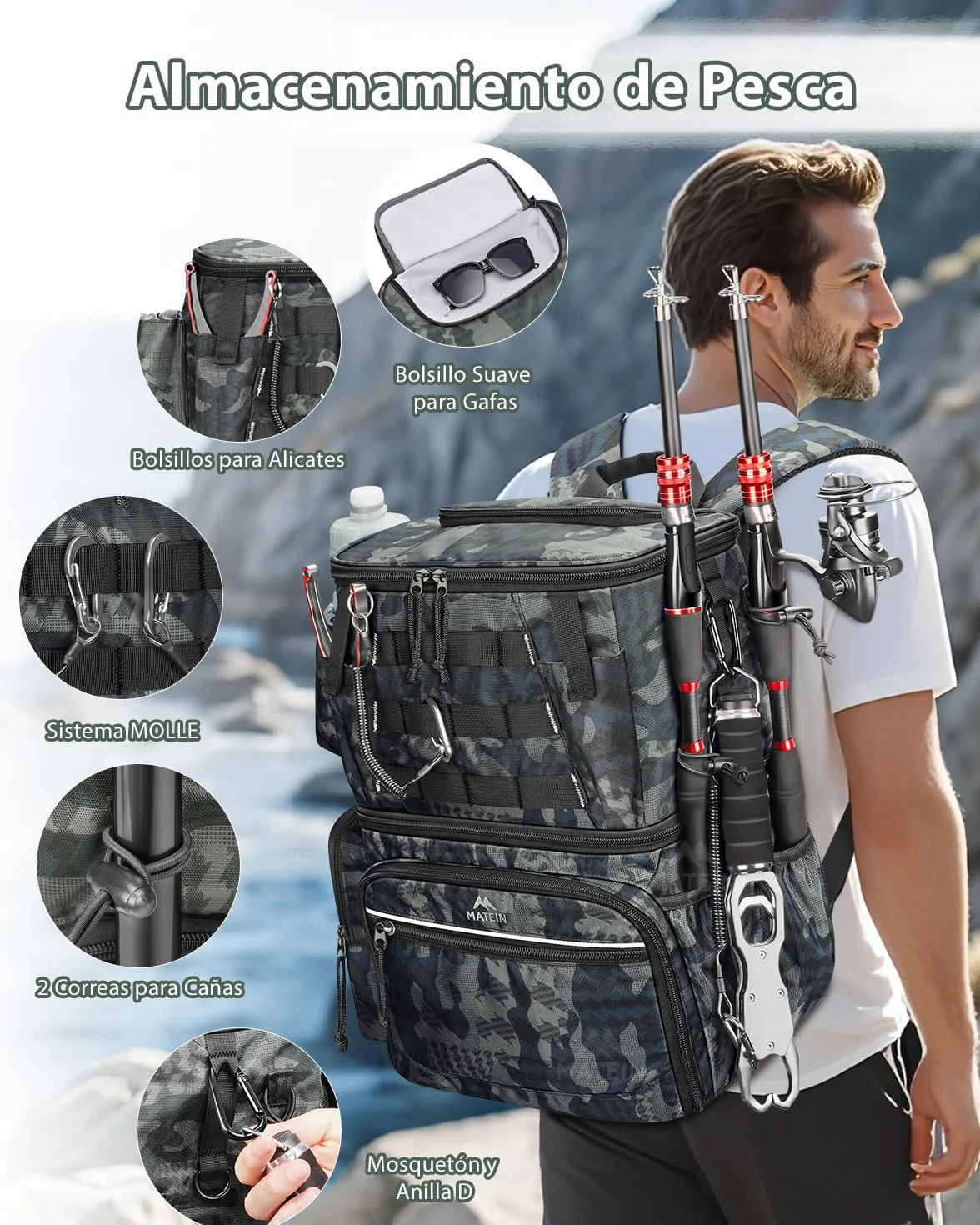MATEIN Mochila Pesca Impermeable con 4 Cajas Aparejos y Soporte Caña Camuflaje