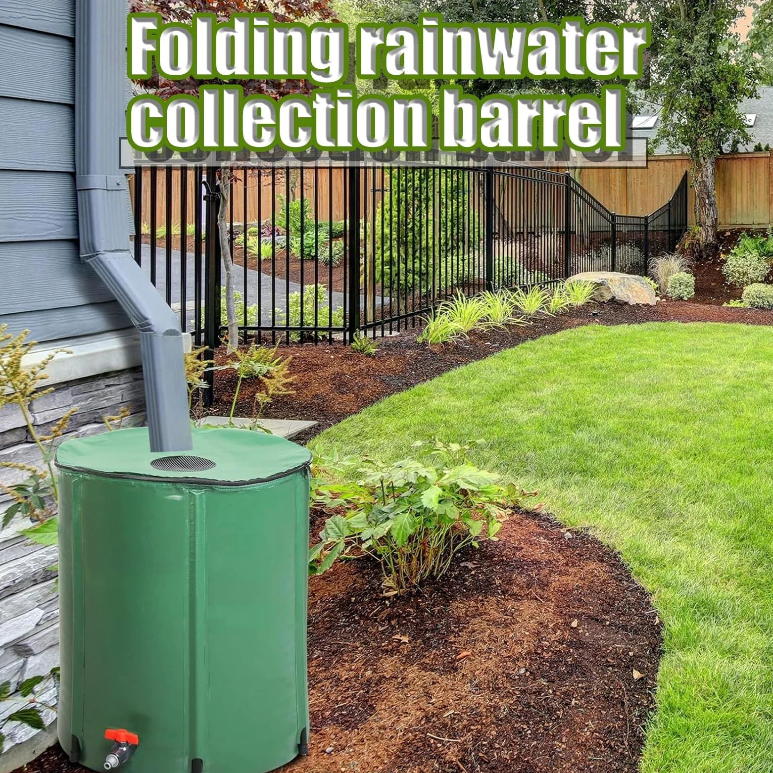 Sistema portátil de recolección de agua de lluvia de 50 litros, tanque de almacenamiento de agua con filtro, colector de bajante plegable para jardín, exterior, césped (verde)