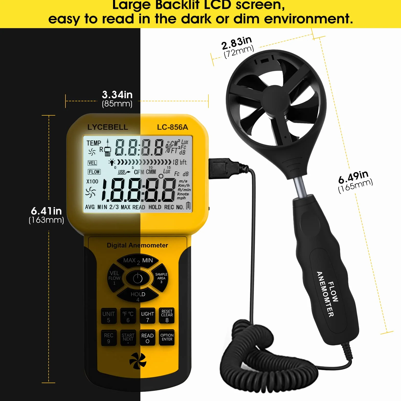Anemómetro Digital de Mano, LC-856A CFM Medidor de Velocidad del Viento, Temperatura y Flujo de Viento, con registro de Datos 600 y Puerto USB, para HVAC Navegar Cometa Surf Pescar