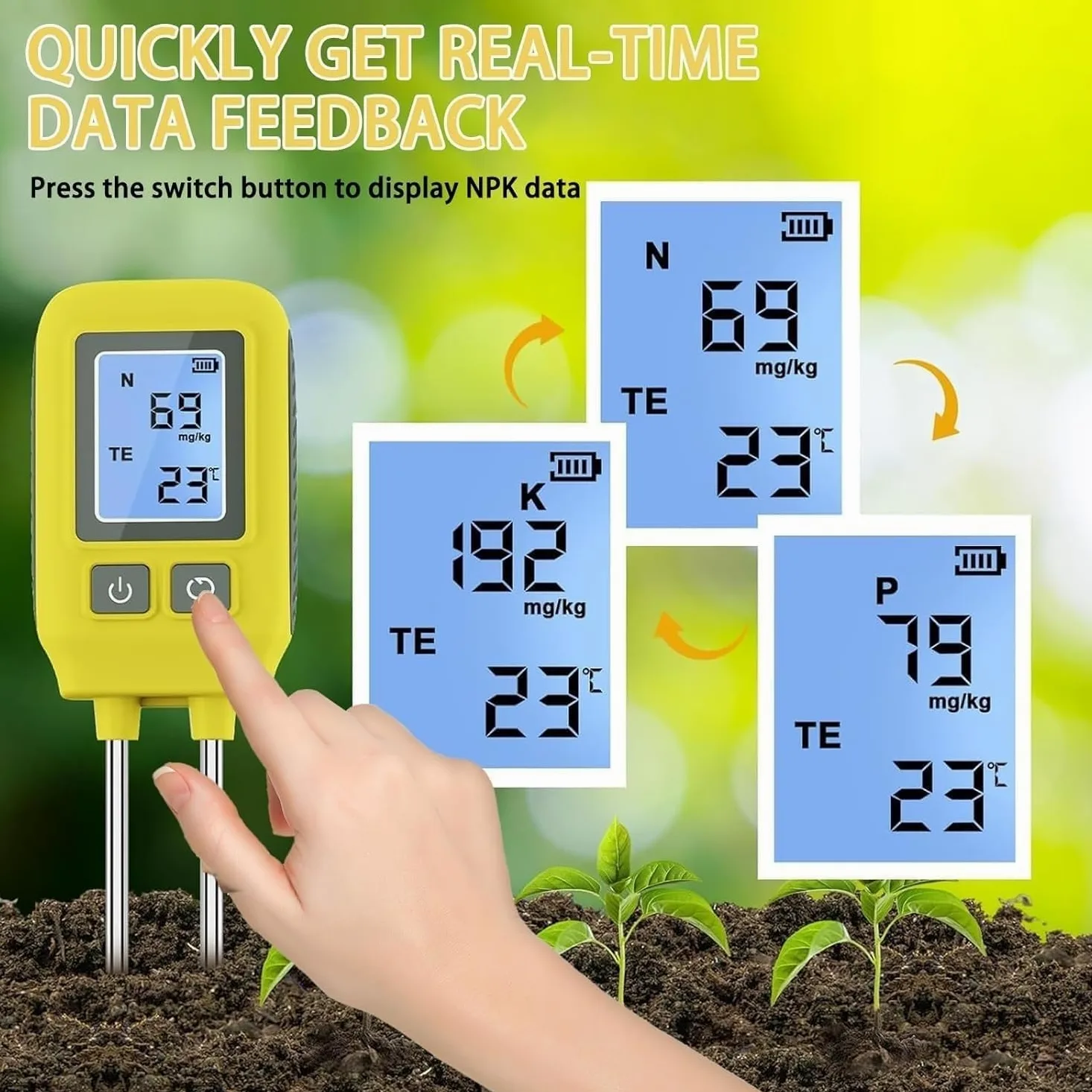 Analizador de suelo NPK 4 en 1, mide nitrógeno, fósforo, potasio y temperatura con alta precisión. Medidor digital de fertilidad del suelo con pantalla LCD, ideal for jardinería