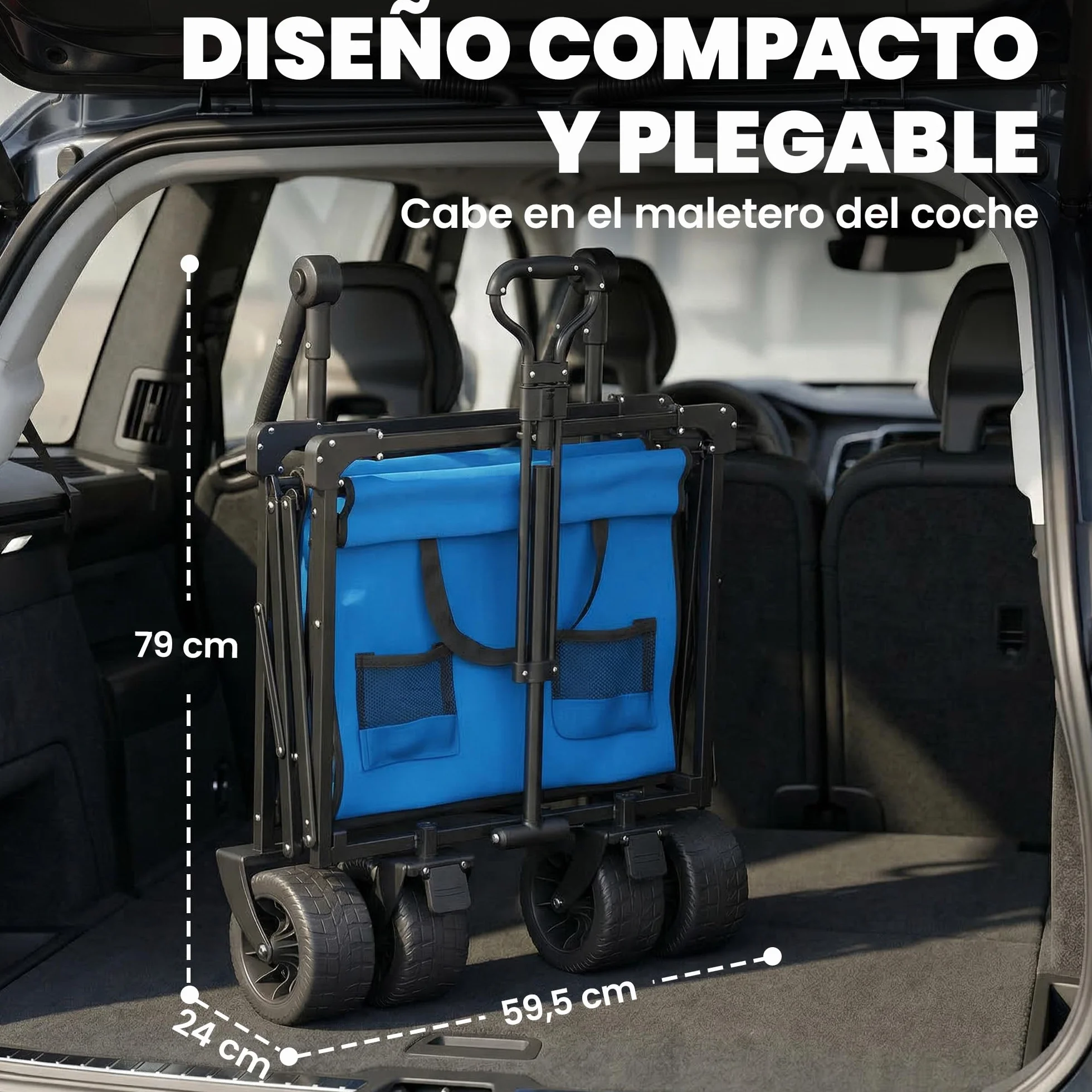Outsunny Carro Playa con Ruedas Grandes con Freno, Techo Extraíble, Carro Plegable para Jardín con Barra Ajustable, Portavasos y Bolsillos, Carga 100 kg, para Todo Terreno, Campaña, Compras, Azul