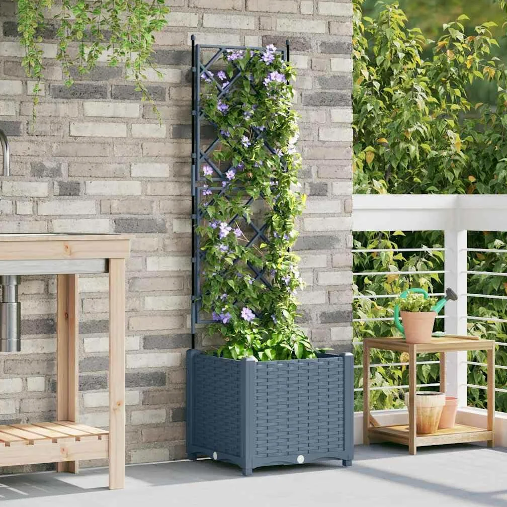 Maceta de jardín con enrejado, color gris claro, 40 x 40 x 143 cm, plástico para plantas trepadoras, maceta moderna para jardín, terraza y exterior