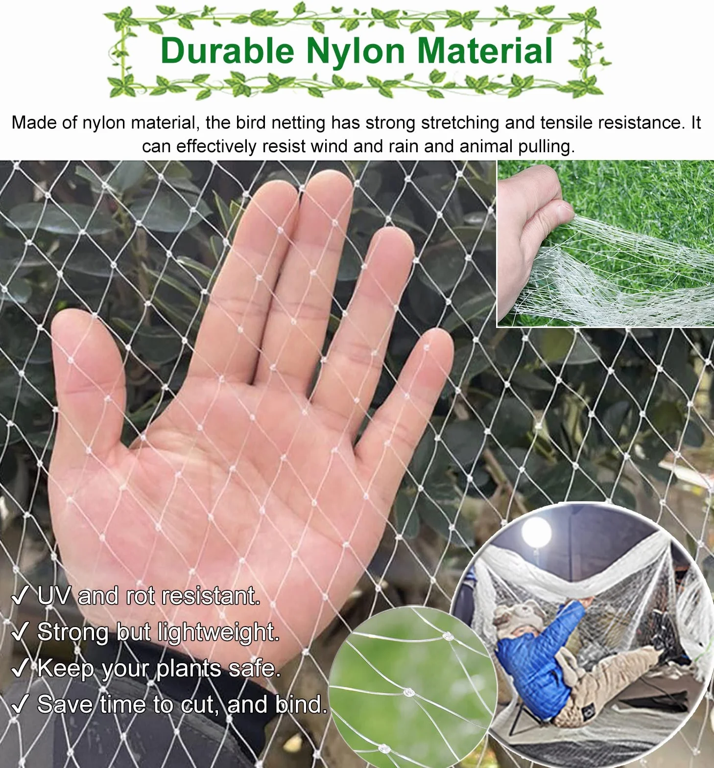 Red de jardín profesional, malla de nailon blanco antipájaros para árboles, estanques y enrejados, malla cuadrada de 2 cm, 10 x 2 m, máxima protección para plantas