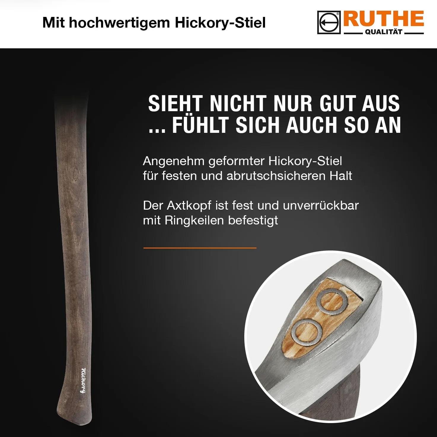 RUTHE Hacha Hickory 1.600 g | Hacha leña Profesional Totalmente forjada y templada | Hachas Bellota con Filo Convexo Pulido | Forjada en una Sola Pieza | Filo Convexo Pulido y Duradero