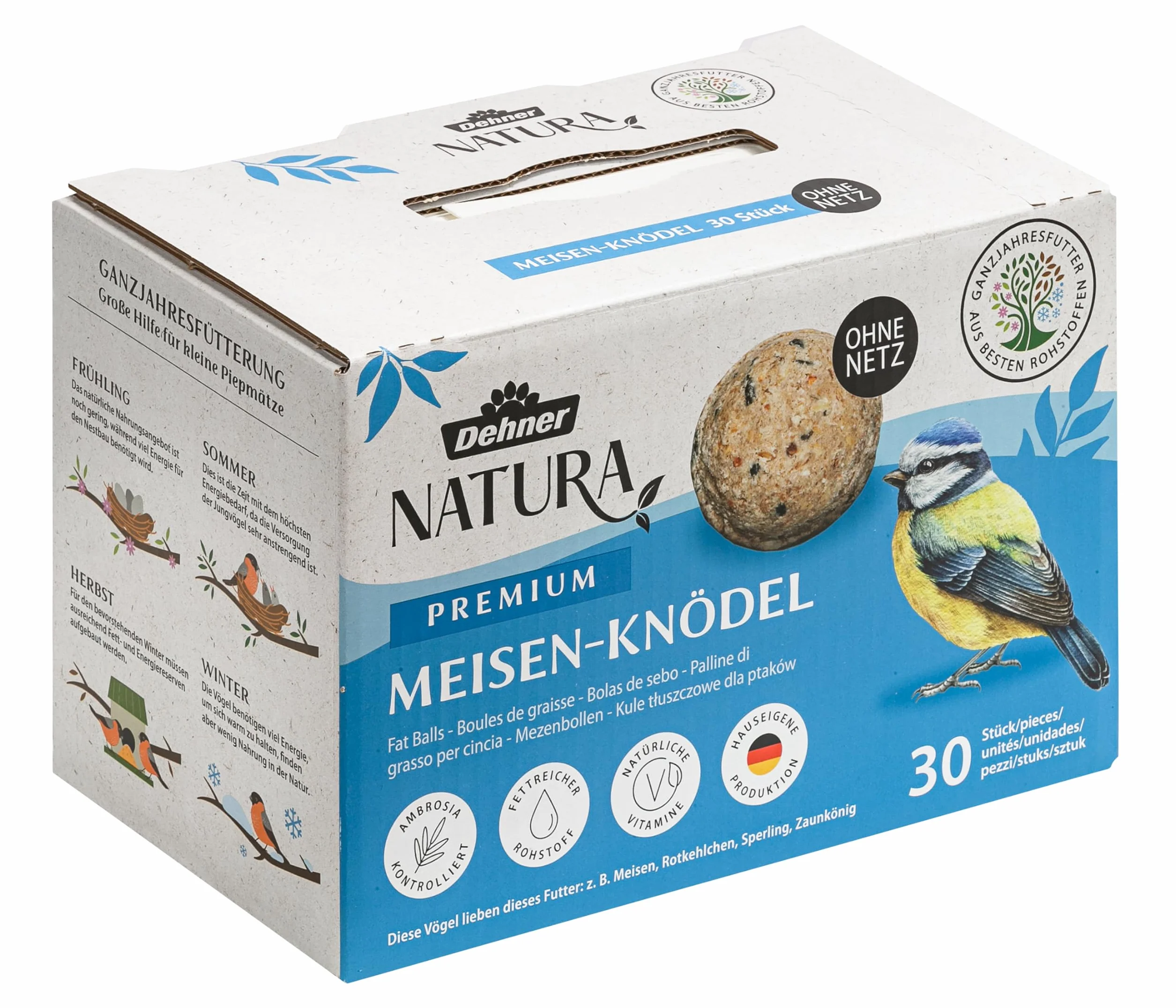 Dehner Natura Premium Bola de Masa sin Red, alimento para Aves Silvestres Durante Todo el año, Rico en proteínas y energético, alimento para Aves Silvestres, 30 Unidades de 90 g (2,7 kg), cartón de
