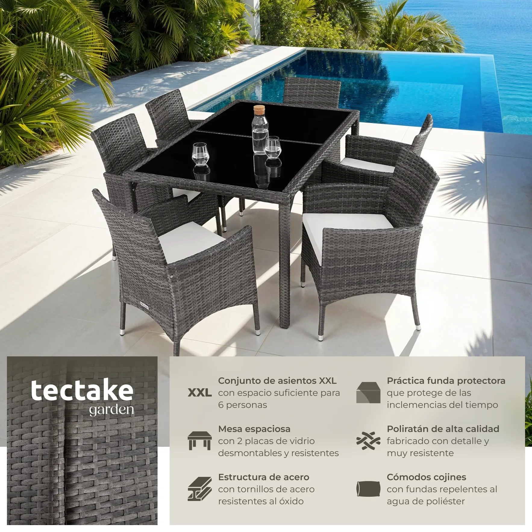 tectake Conjunto Jardín Exterior Ratán Aluminio Muebles Resistentes Intemperie 6 Personas Gris