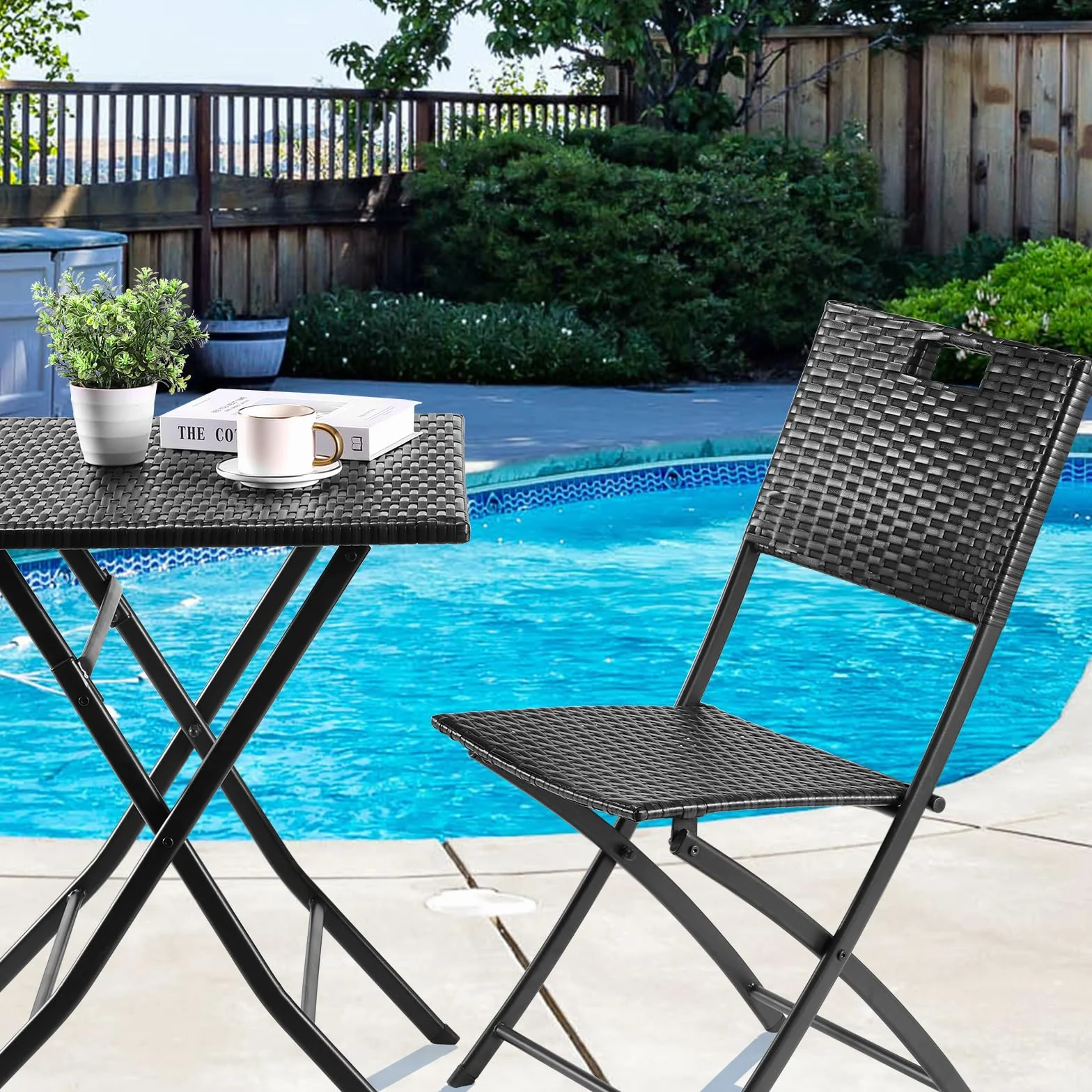 LIFERUN Juego de Muebles de Balcón de 3 Piezas, Muebles de Jardín de Ratán Plegable, 1 Mesa y 2 Sillas, Conjunto de Bistró, Conjunto de Mesa y Sillas de Jardín, para Balcón y Patio, Negro