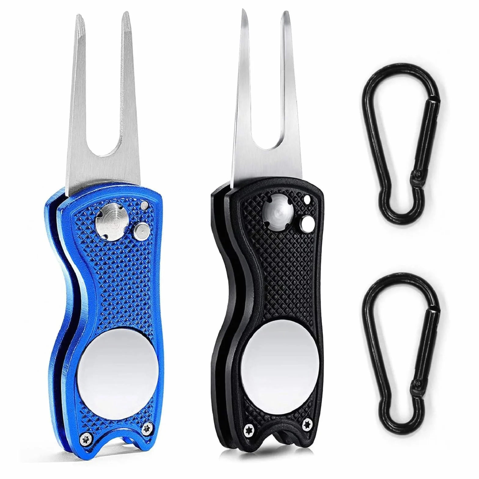 Pitch Fork Golf Arreglapiques Plegable 2PC Horquilla Campo Golf con Mosquetón Herramienta Reparación Divot