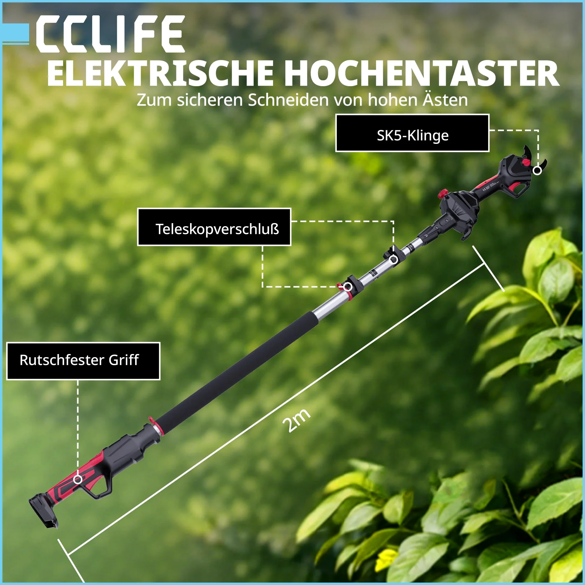CCLIFE Juego de tijeras de podar con batería 2 en 1 con barra telescópica de 2 m, hasta 40 mm de diámetro de corte, compatible con Makita 18 V/20 V (sin batería)