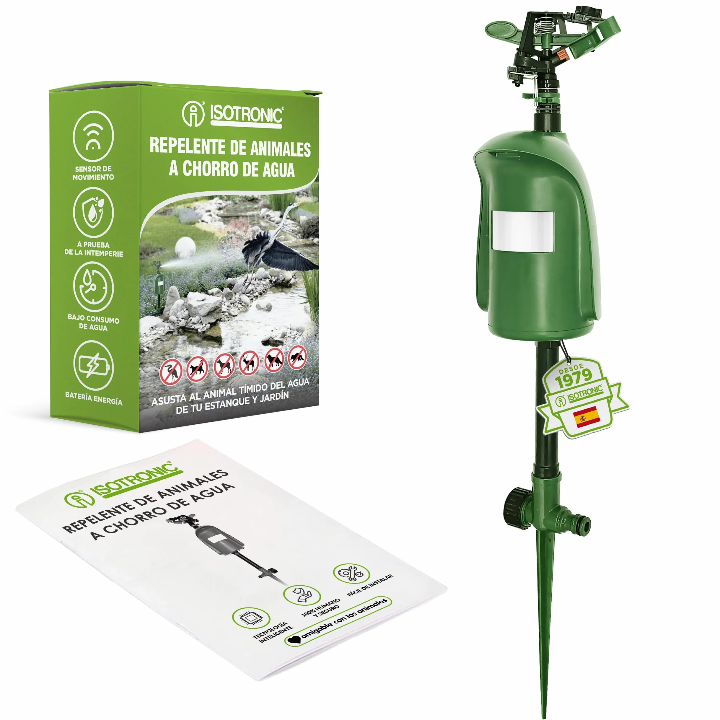 ISOTRONIC Repelente de Animales con Chorro de Agua — Ahuyentador de Gatos y Garzas con Detector de Movimiento 120° — Radio Ajustable para Jardín y Estanque — Defensa Eficaz (1 Unidad)