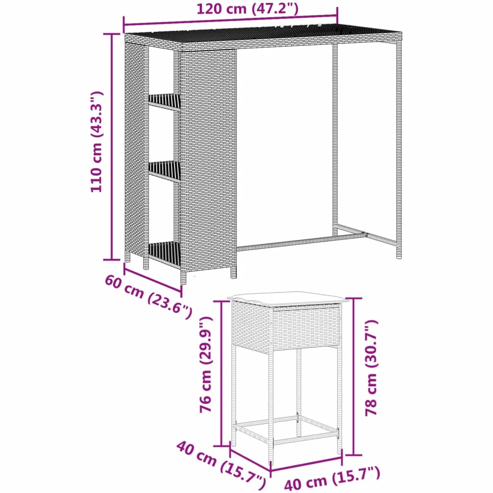 vidaXL Juego de Bar de jardín de 3 Piezas con Cojines ratán PE marrón, Mesa Alta y taburetes de Exterior, Juego de Bar, Juego de Muebles