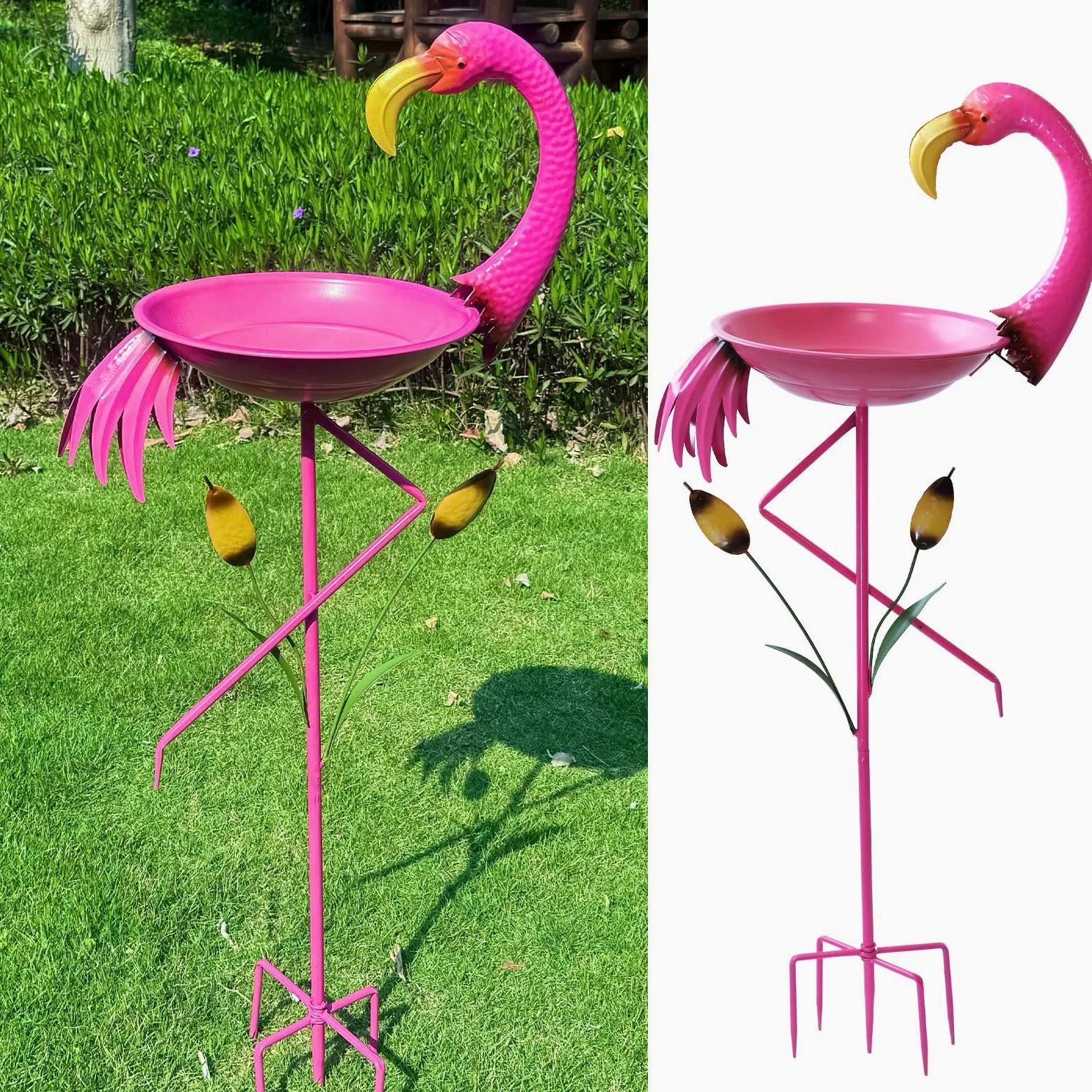 Baño para pájaros de flamenco, de 31 cm de profundidad x 114 cm de alto, baños de metal para pájaros para exteriores, comedero para pájaros con estaca de 5 puntas para decoración de jardín