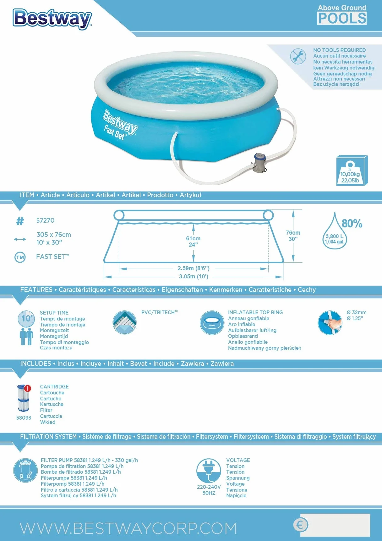 Bestway Fast Set Juego de Piscina con Bomba de Filtro, Azul, 305 x 76 cm