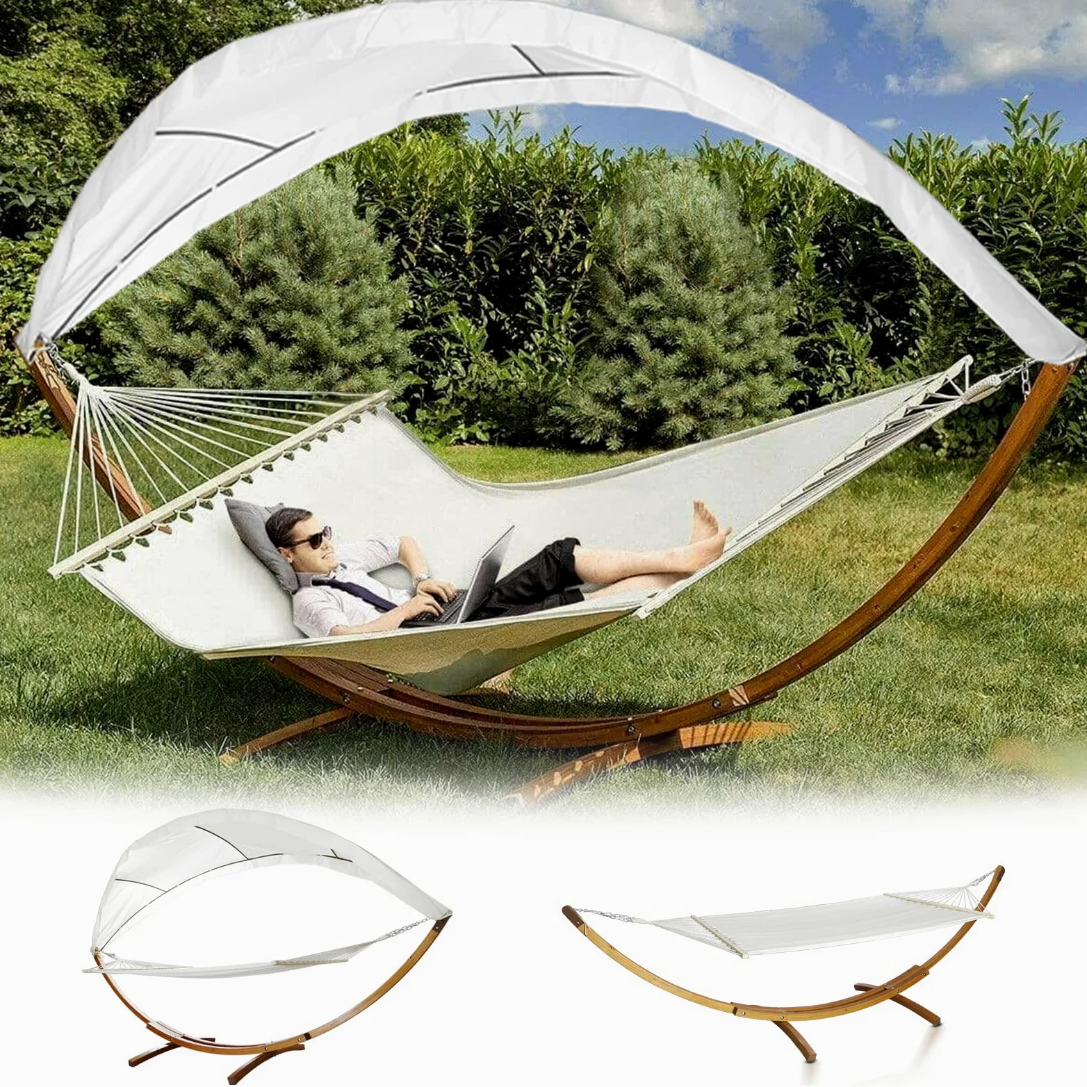 Randaco Hamacas con estructura de madera para exteriores, hamaca con techo, 200 x 150 cm, silla colgante para 2 personas, capacidad de carga 200 kg, para jardín, camping, playa, balcón