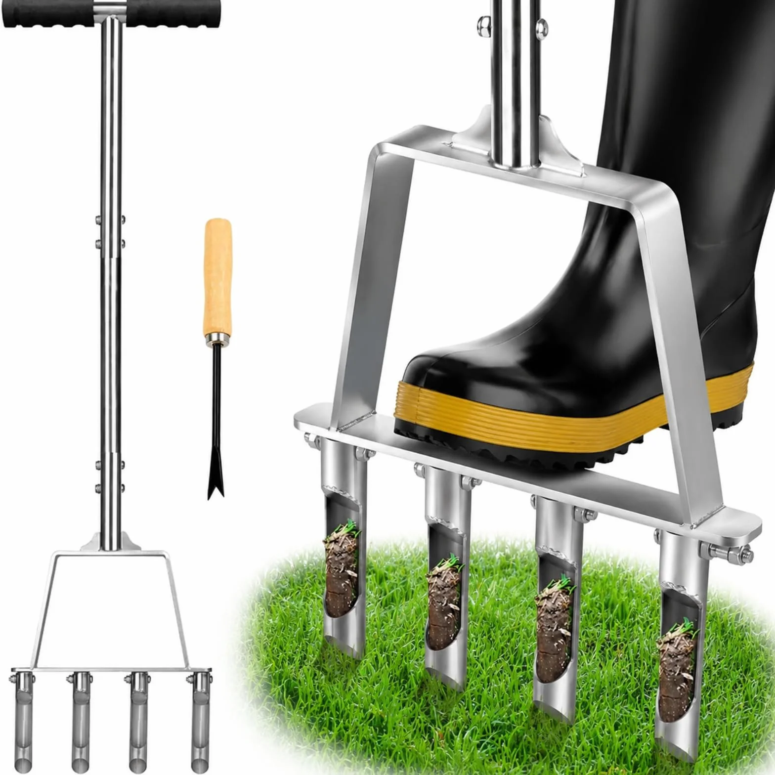 Aireador de Césped Manual de 4 Púas de Acero Inoxidable, Aireador de Césped con Mangos de T, Herramienta de Jardinería para Descompactar Suelo Duro, Arcilla y Césped Artificial