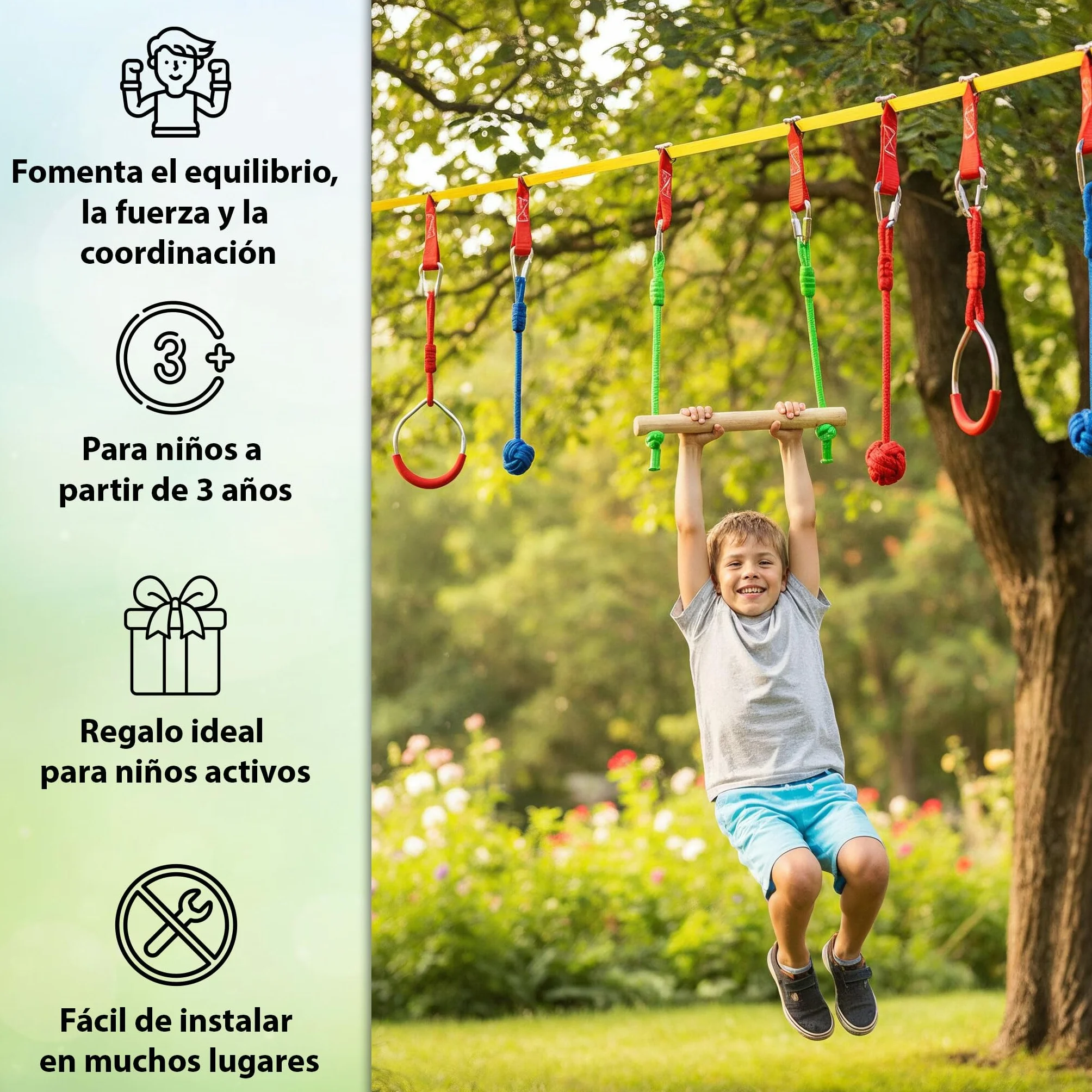 ALPIDEX Ninja Niños Slackline Obstacles Set Anillos Gimnasia Nudos Cuerda Accesorios Escalada Curso Extensible MAX