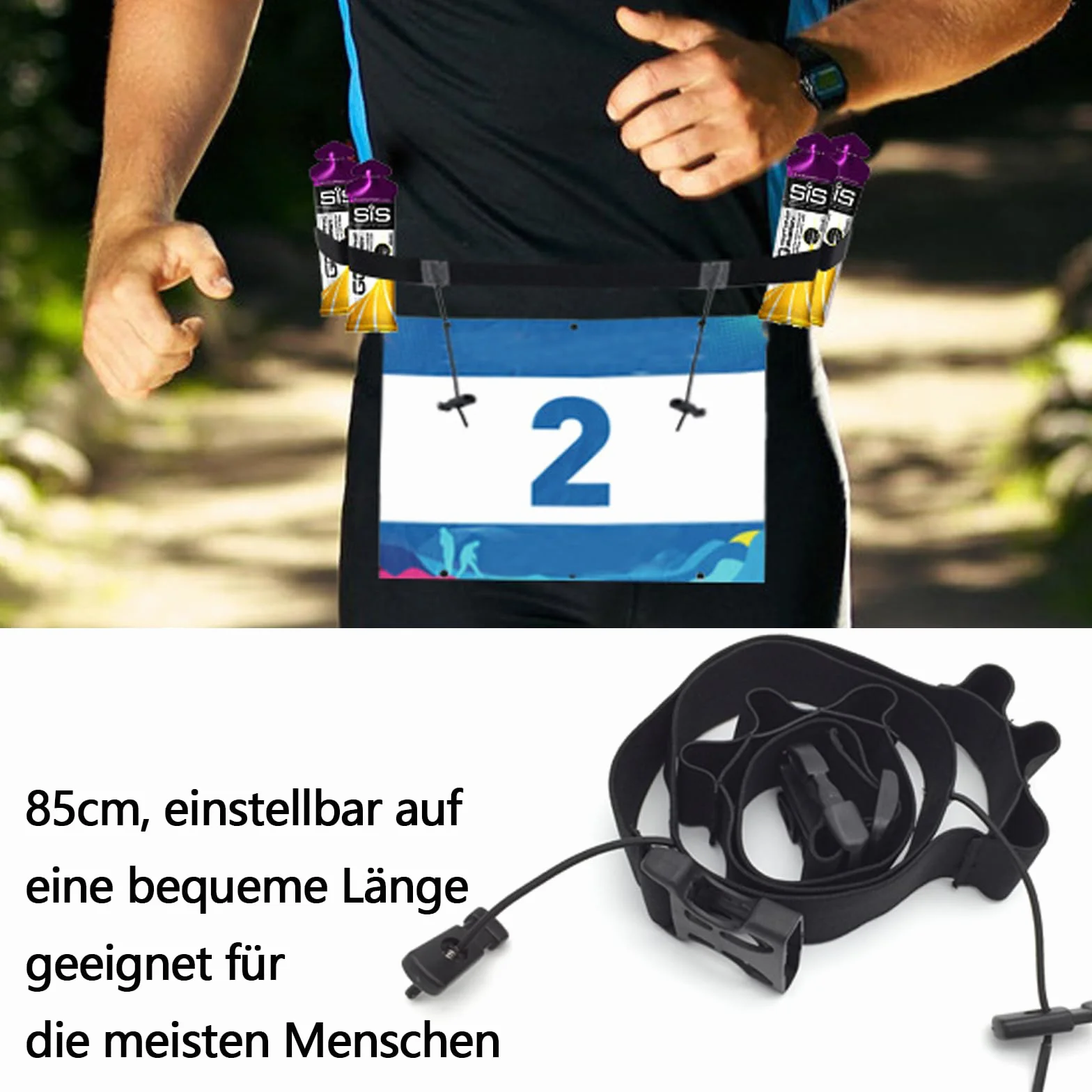 Triatlón Banda para Números de Carrera Cinturón Deportivo Ajustable para Mujer y Hombre Negro 85x2.5 cm