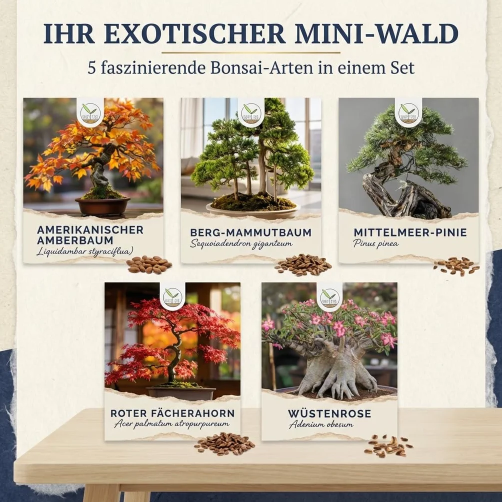 Semillas de bonsái excepcionales con una alta tasa de germinación - Set de semillas de plantas para tu propio árbol de bonsái (set de 5 piezas, guía electrónica GRATUITA)