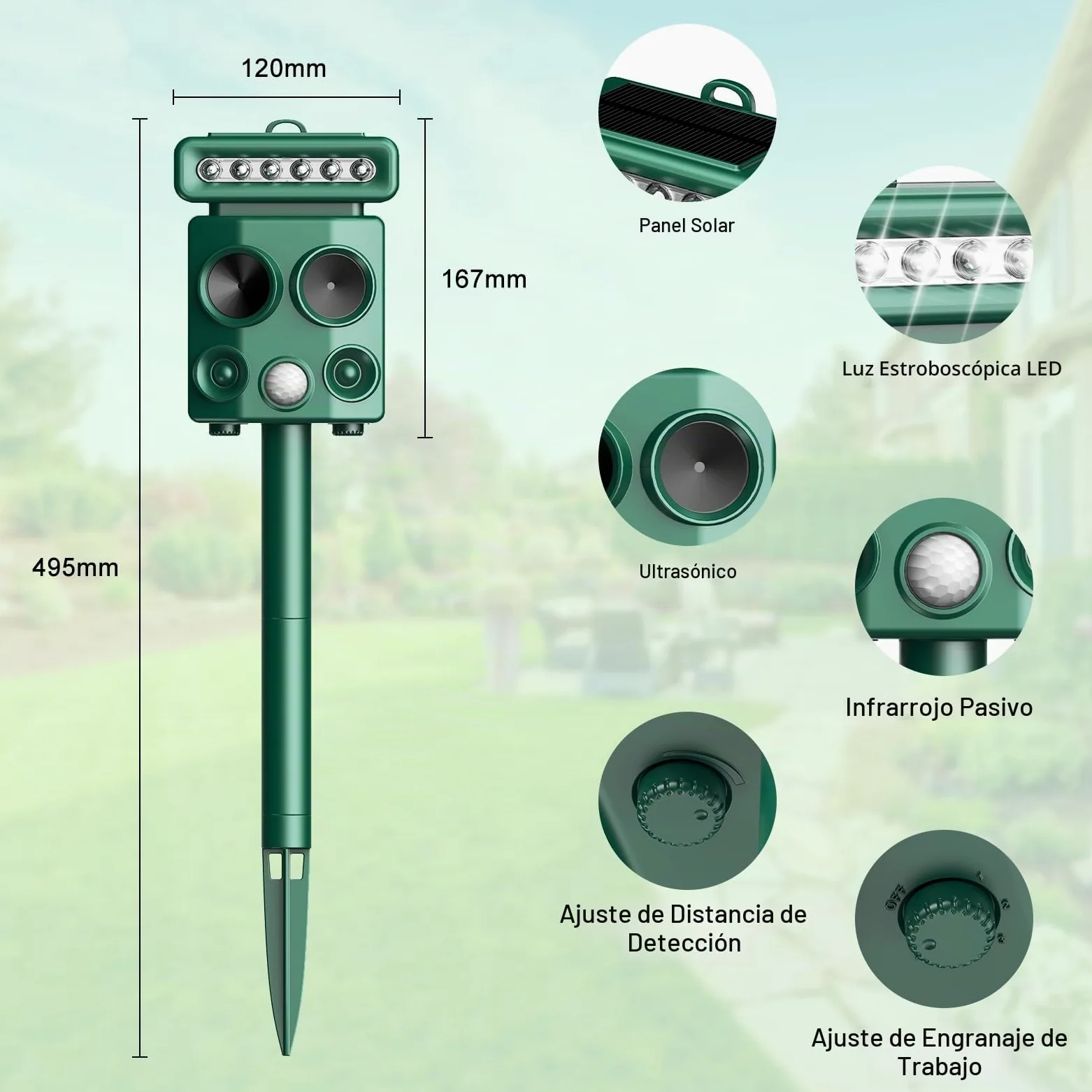 Repelente para Gatos, Ahuyentador de pájaros, IP65 Impermeable, disuasión Solar ultrasónico, Ahuyentador de Ratas con LED Intermitentes, Perros, Ratones, Zorros